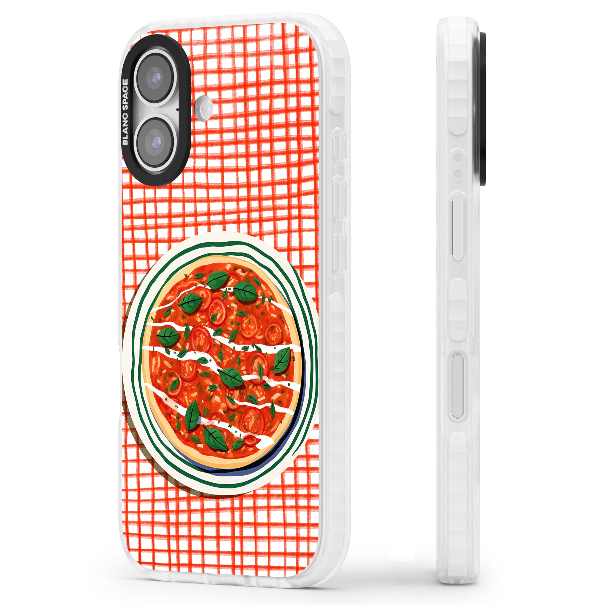 Margherita On Red Check iPhone 17 Impact Pro Clear Phone Case Side Profile