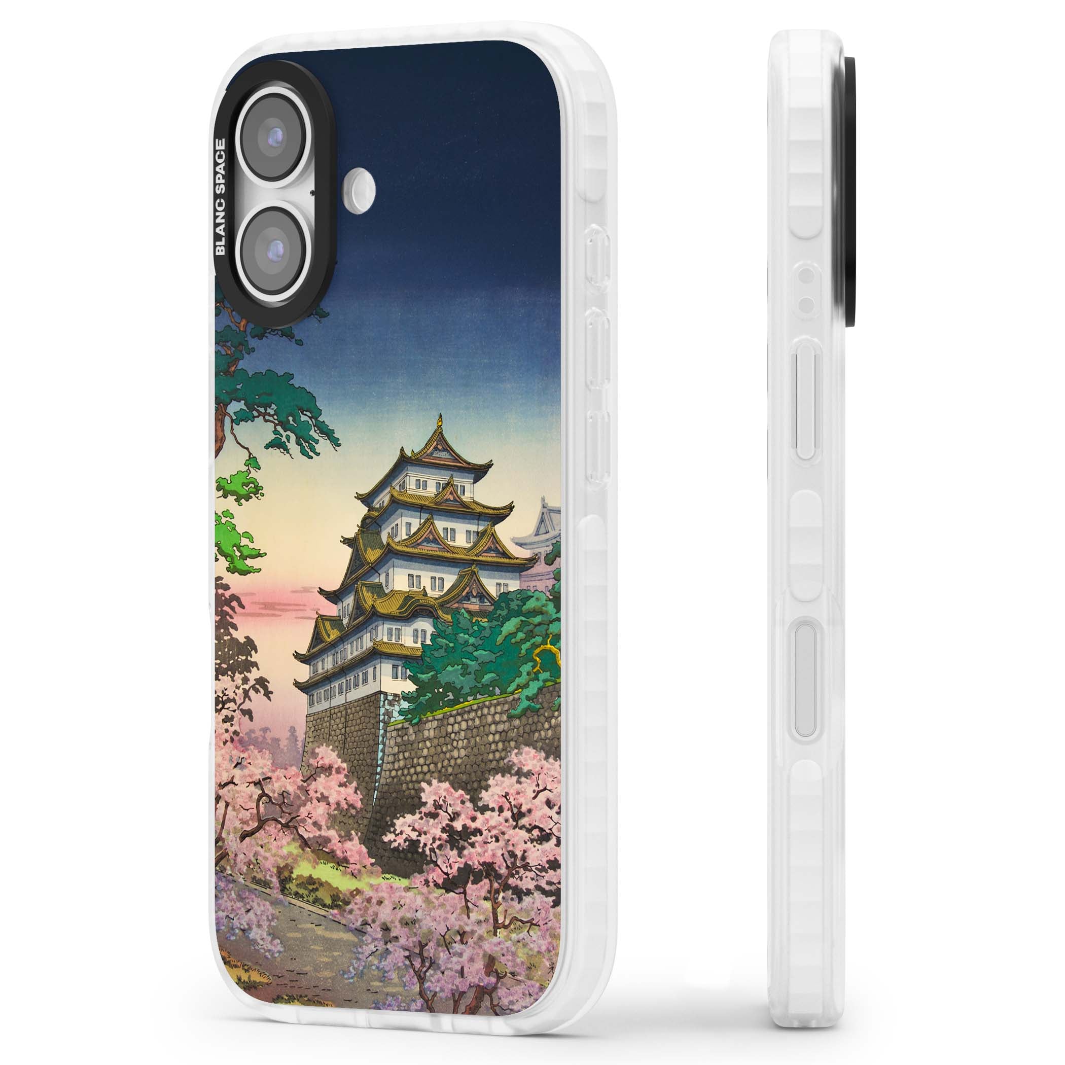Nagoya Castle Japanese iPhone case featuring a vintage pagoda, twilight sky and cherry blossom trees | Impact Magsafe case for iPhone 17