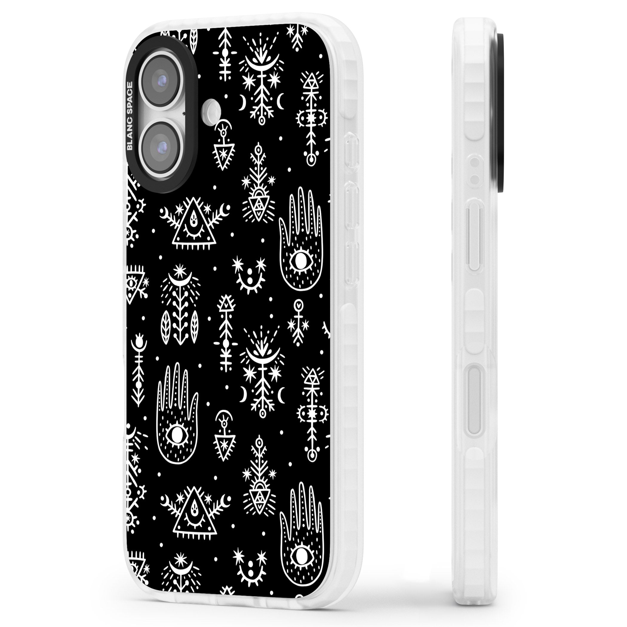Tribal Symbols Black iPhone 17 Impact Pro Clear Phone Case Side Profile