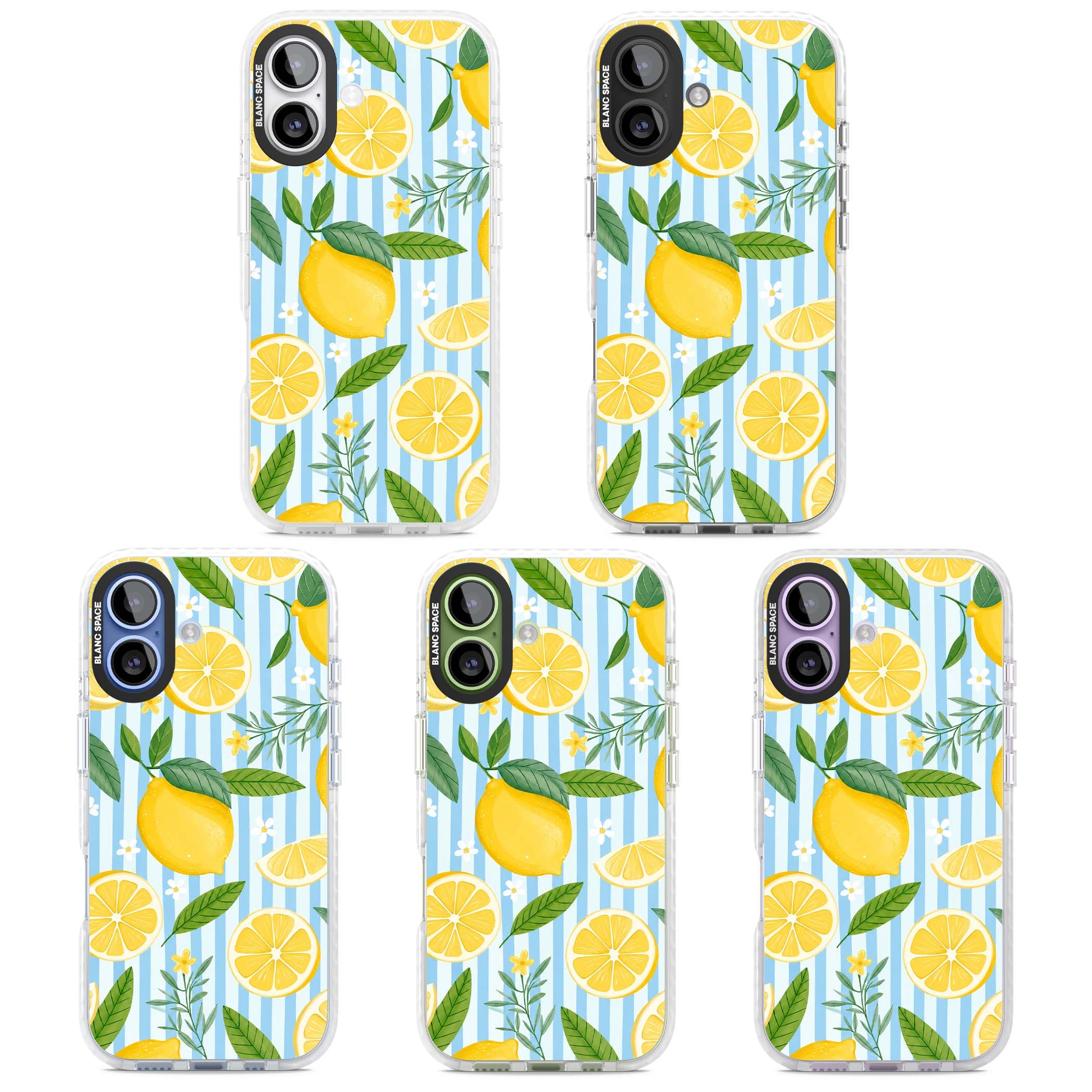 Capri Citrus Stripe coastal iPhone case featuring yellow lemons, blue stripes, and white daisy blossoms | Impact Magsafe case for iPhone 17