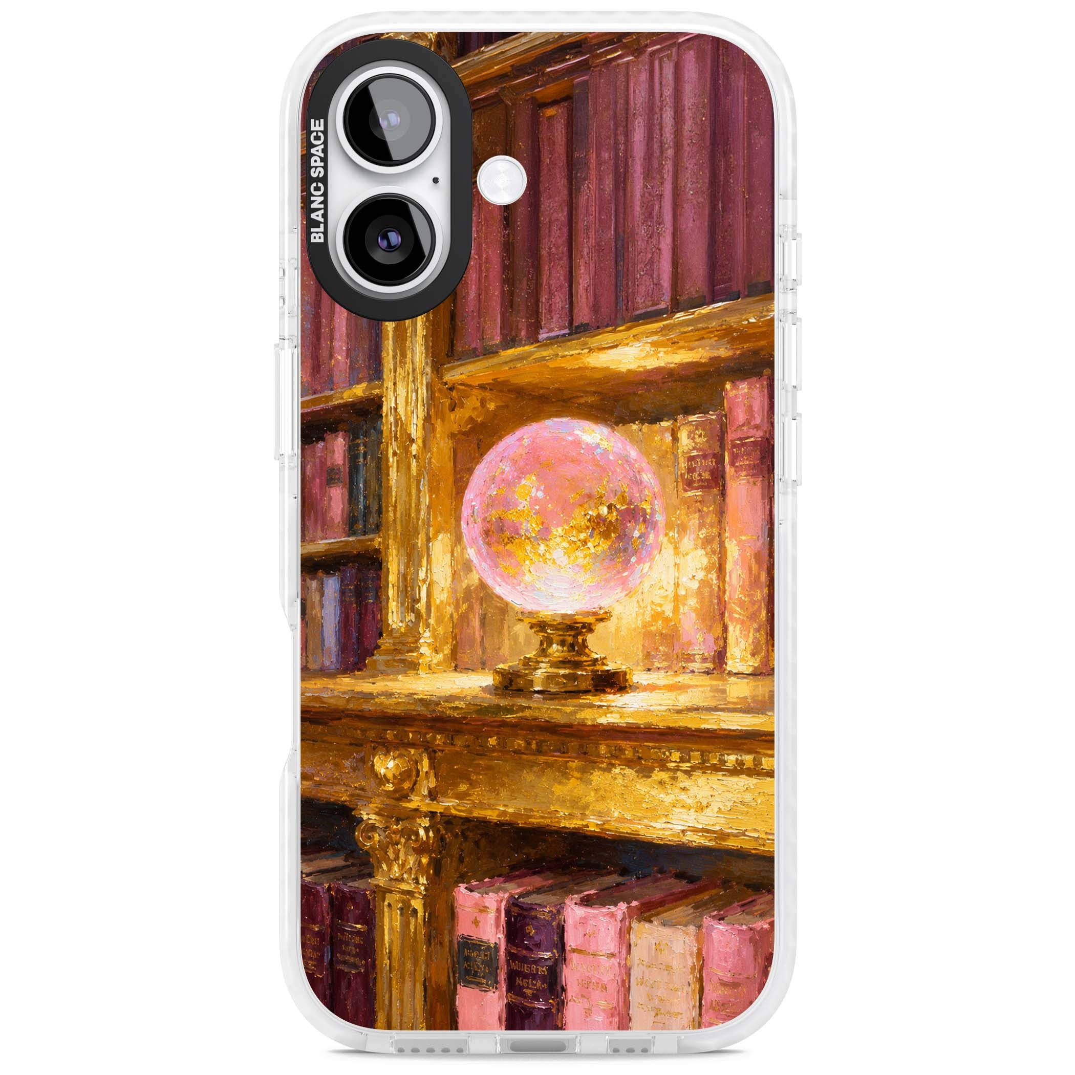 Gilded Library dark academia iPhone case featuring an oil painted crystal ball on a gilded library shelf with vintage | Impact Magsafe case for iPhone 17