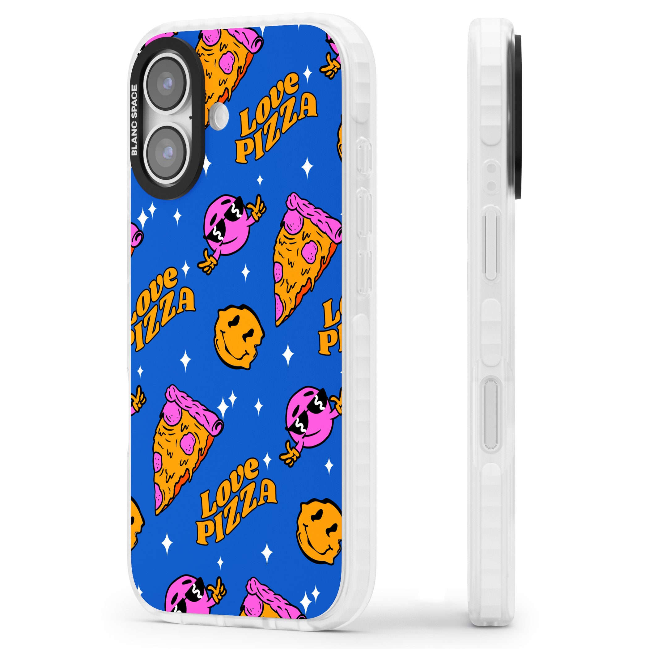 Psychedelic Love Pizza Pattern iPhone 17 Impact Pro Clear Phone Case Side Profile
