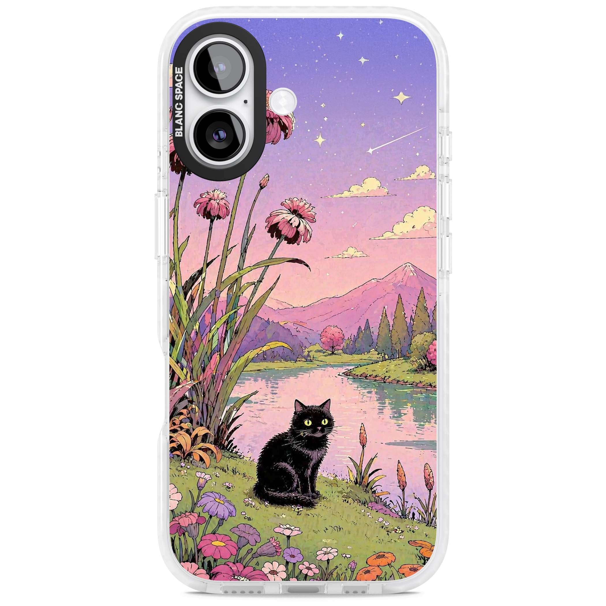 Mystic Whiskers ghibli iPhone case featuring a black cat by a pastel lake, wildflowers and a starry sunset sky | Impact Magsafe case for iPhone 17