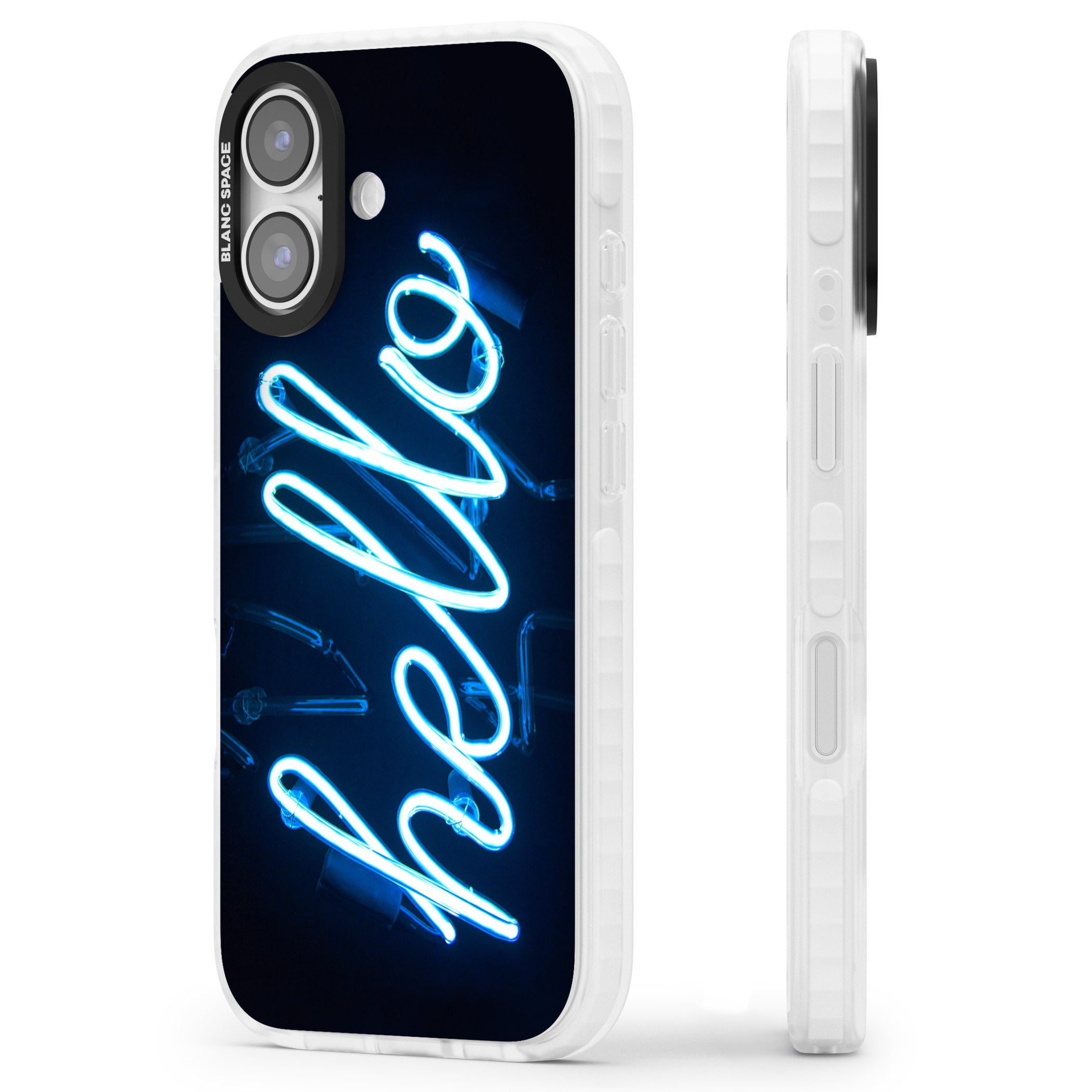 Hello Neon Sign iPhone 17 Impact Pro Clear Phone Case Side Profile