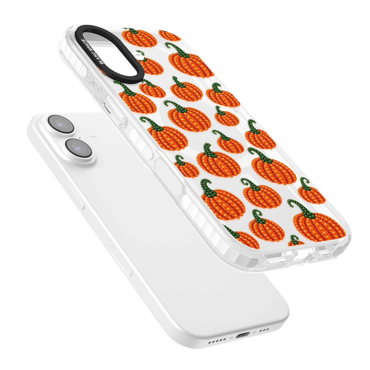Beaded Pumpkins halloween iPhone case featuring beaded orange pumpkins with green stems on a clear background | Impact Magsafe case for iPhone 17