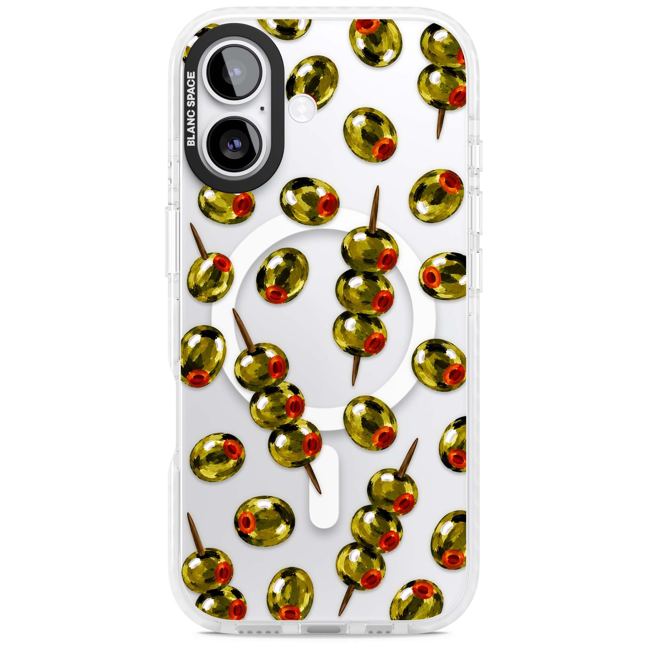 Painted Olives cocktail iPhone case featuring green olives, pimento centres and toothpick skewers on a clear background | Impact Magsafe case for iPhone 17