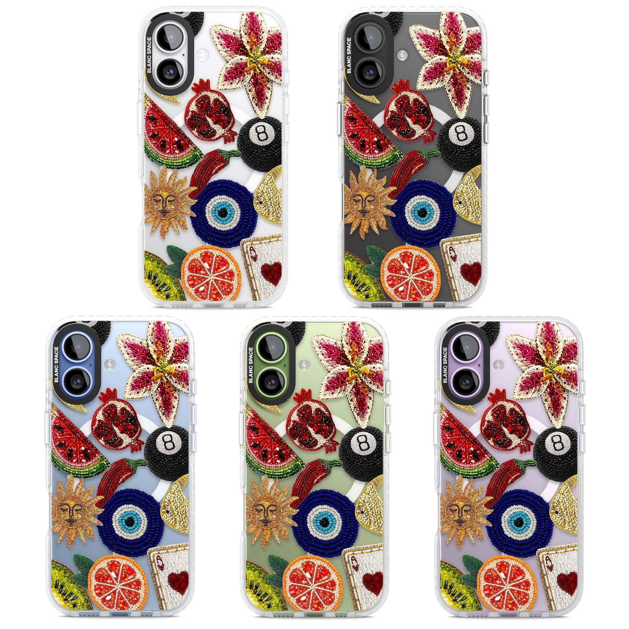 Beaded Charms embroidery iPhone case featuring beaded evil eye, fruit patches and a golden sun motif | Impact Magsafe case for iPhone 17