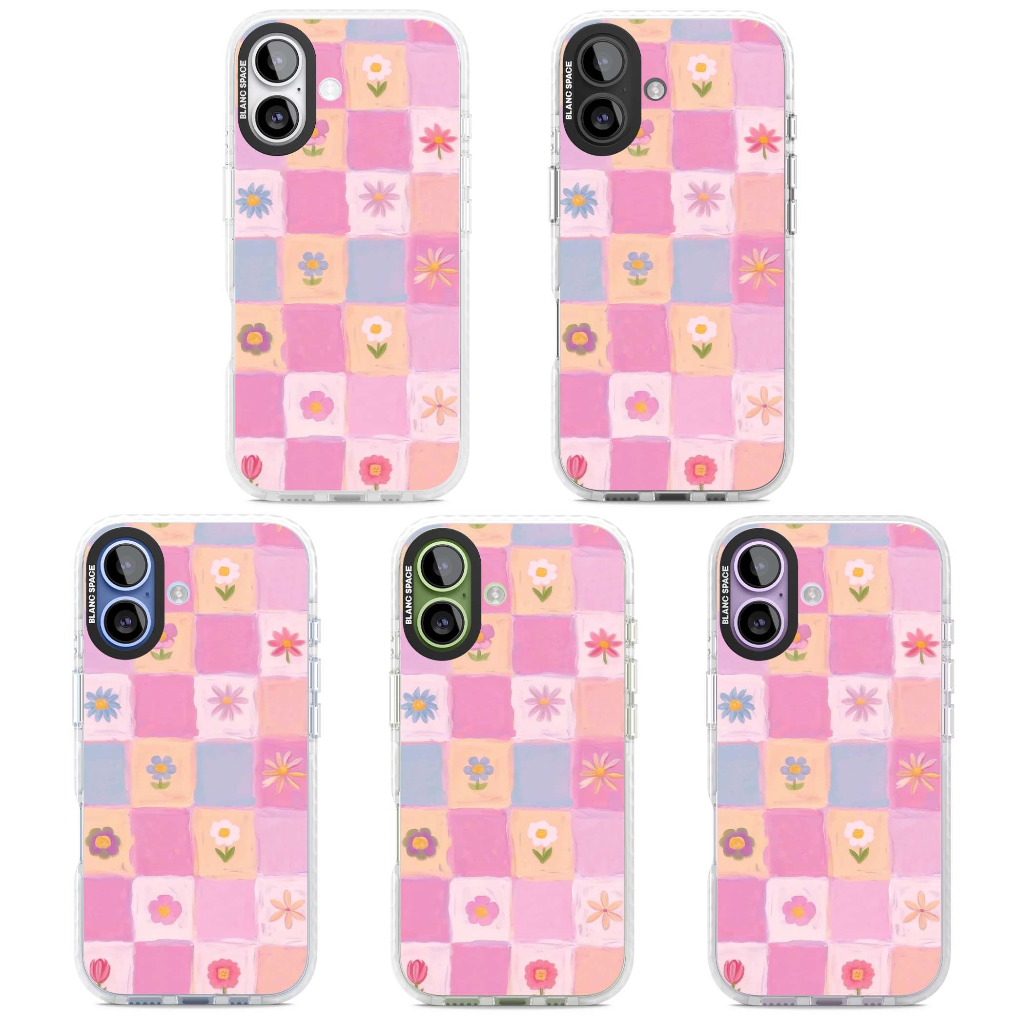 Pastel Flower Patchwork cottagecore iPhone case featuring painted pink and lilac squares with daisies and wildflowers | Impact Magsafe case for iPhone 17