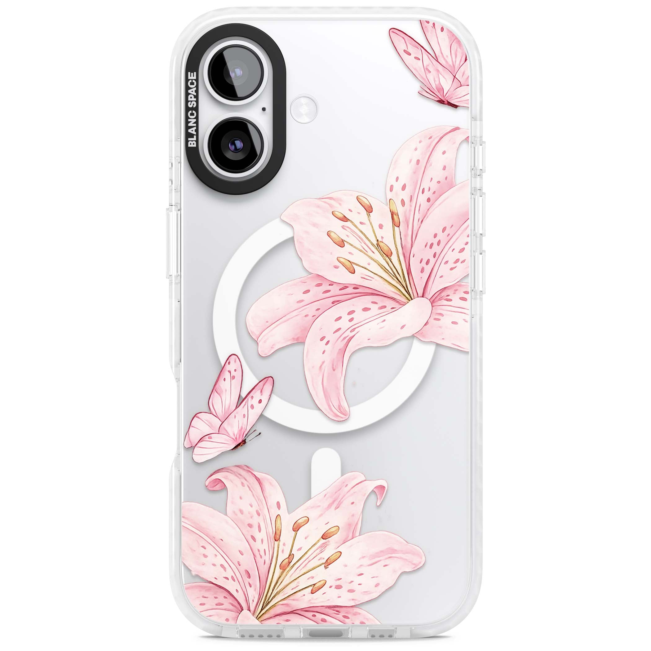 Lily Whisper floral iPhone case featuring pink watercolour lilies and delicate butterflies on a clear background | Impact Magsafe case for iPhone 17
