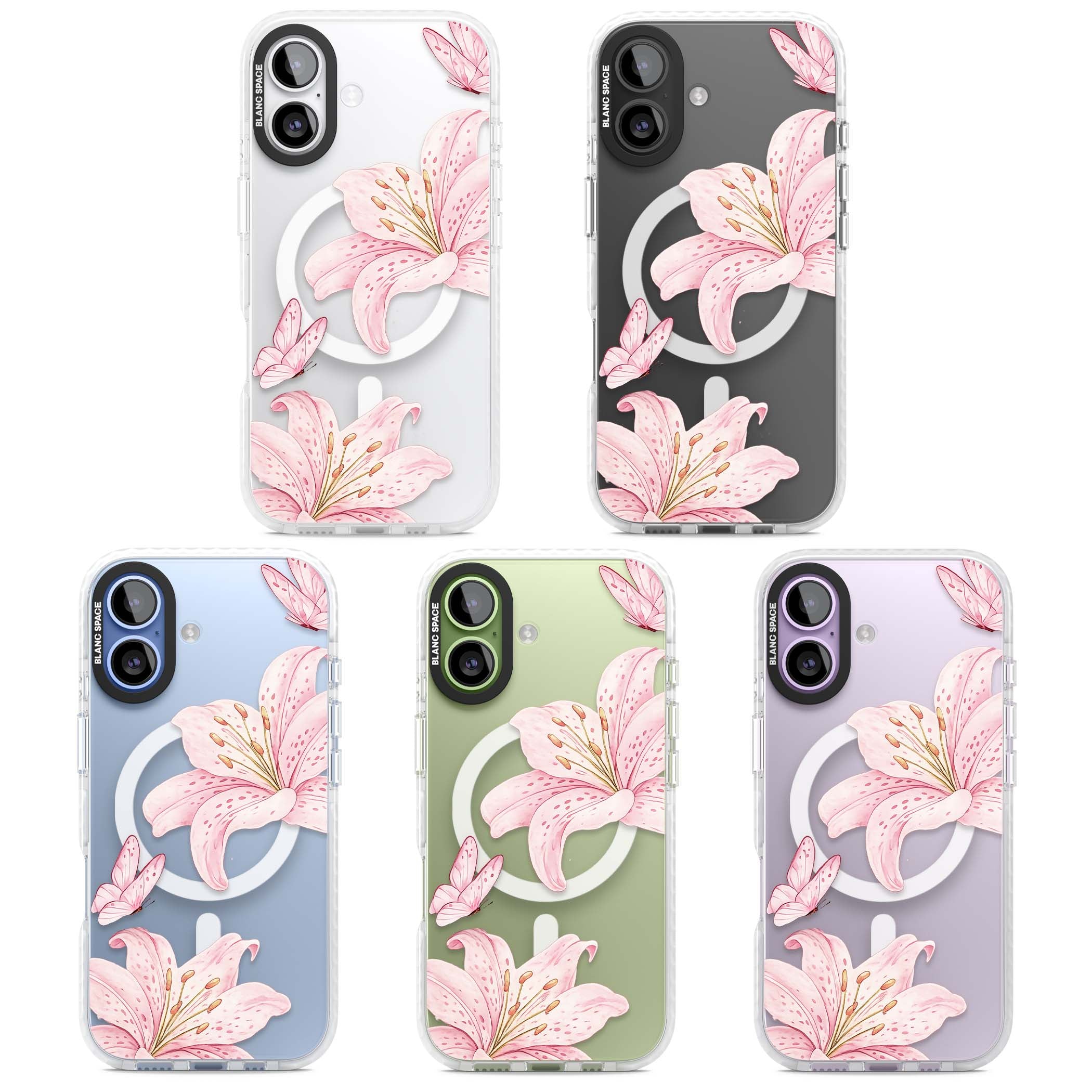 Lily Whisper floral iPhone case featuring pink watercolour lilies and delicate butterflies on a clear background | Impact Magsafe case for iPhone 17