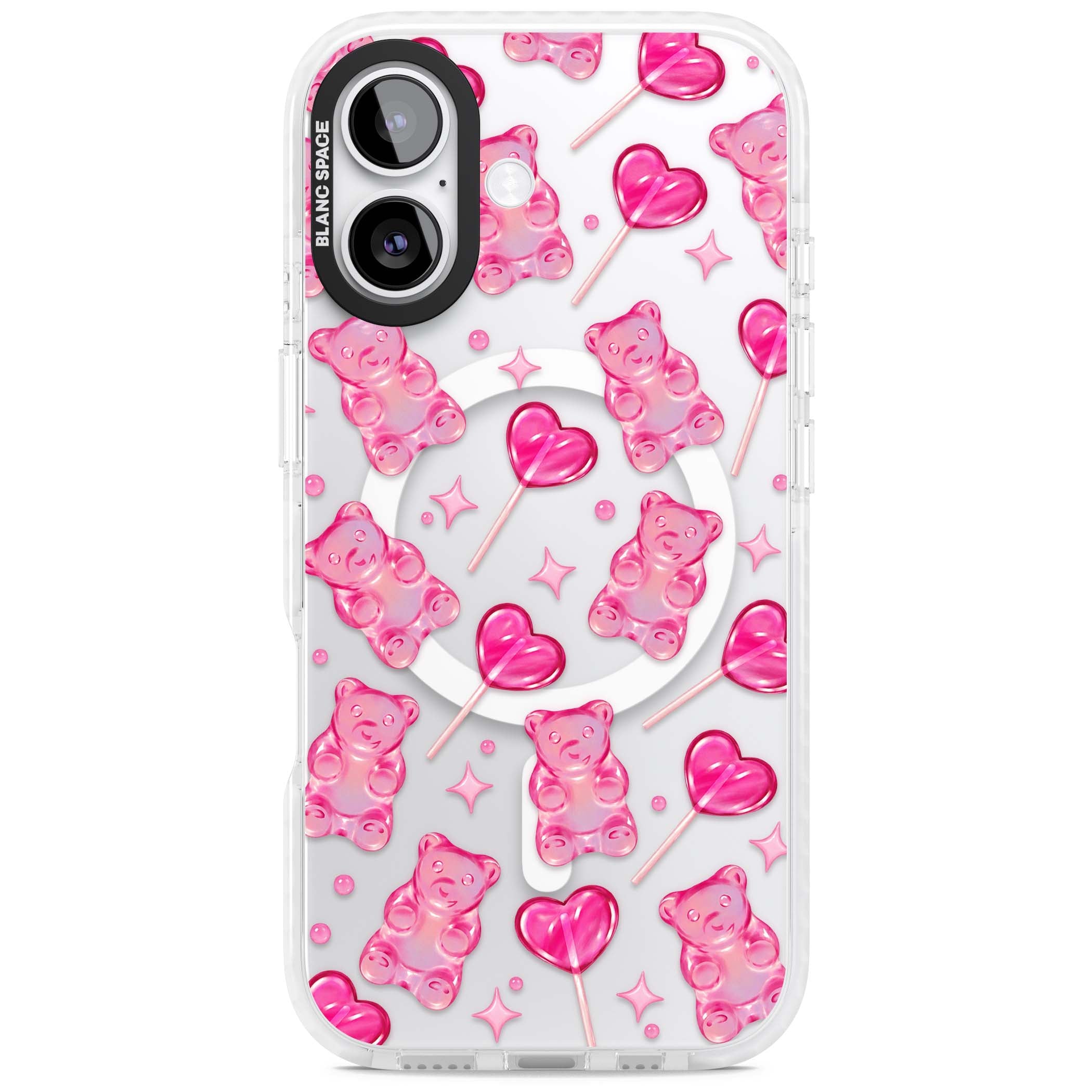 Pink Sugar pinkcore iPhone case featuring pink gummy bears, heart-shaped lollipops and sparkle stars | Impact Magsafe case for iPhone 17