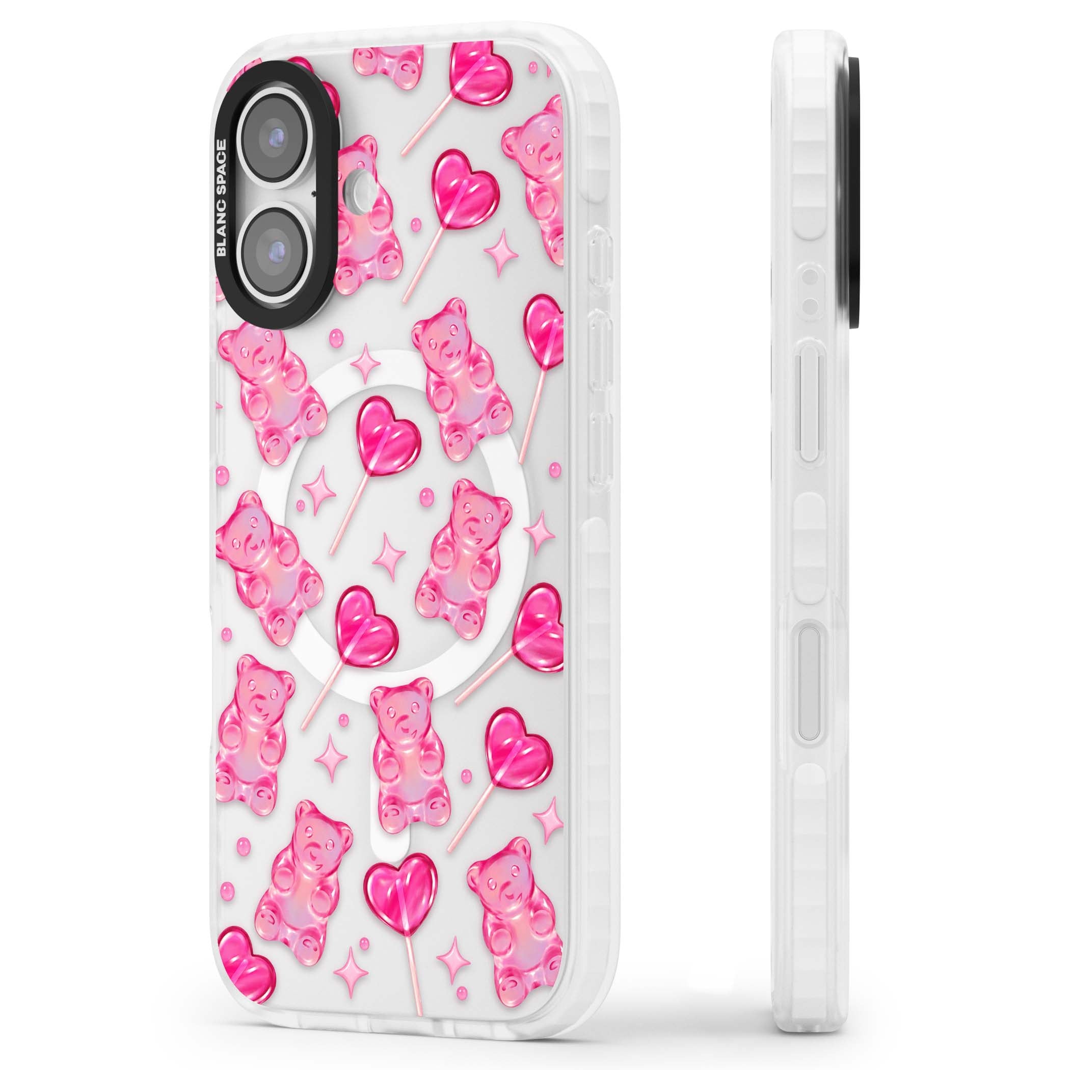 Pink Sugar pinkcore iPhone case featuring pink gummy bears, heart-shaped lollipops and sparkle stars | Impact Magsafe case for iPhone 17