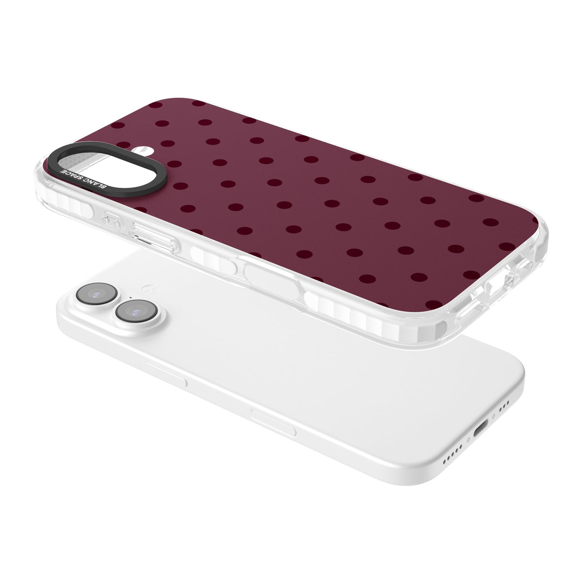 Burgundy Polka Dot minimalist iPhone case featuring black polka dots on a deep burgundy wine red background iPhone 16 / iPhone 16 Plus / iPhone 17 Impact Pro Clear Phone Case angled