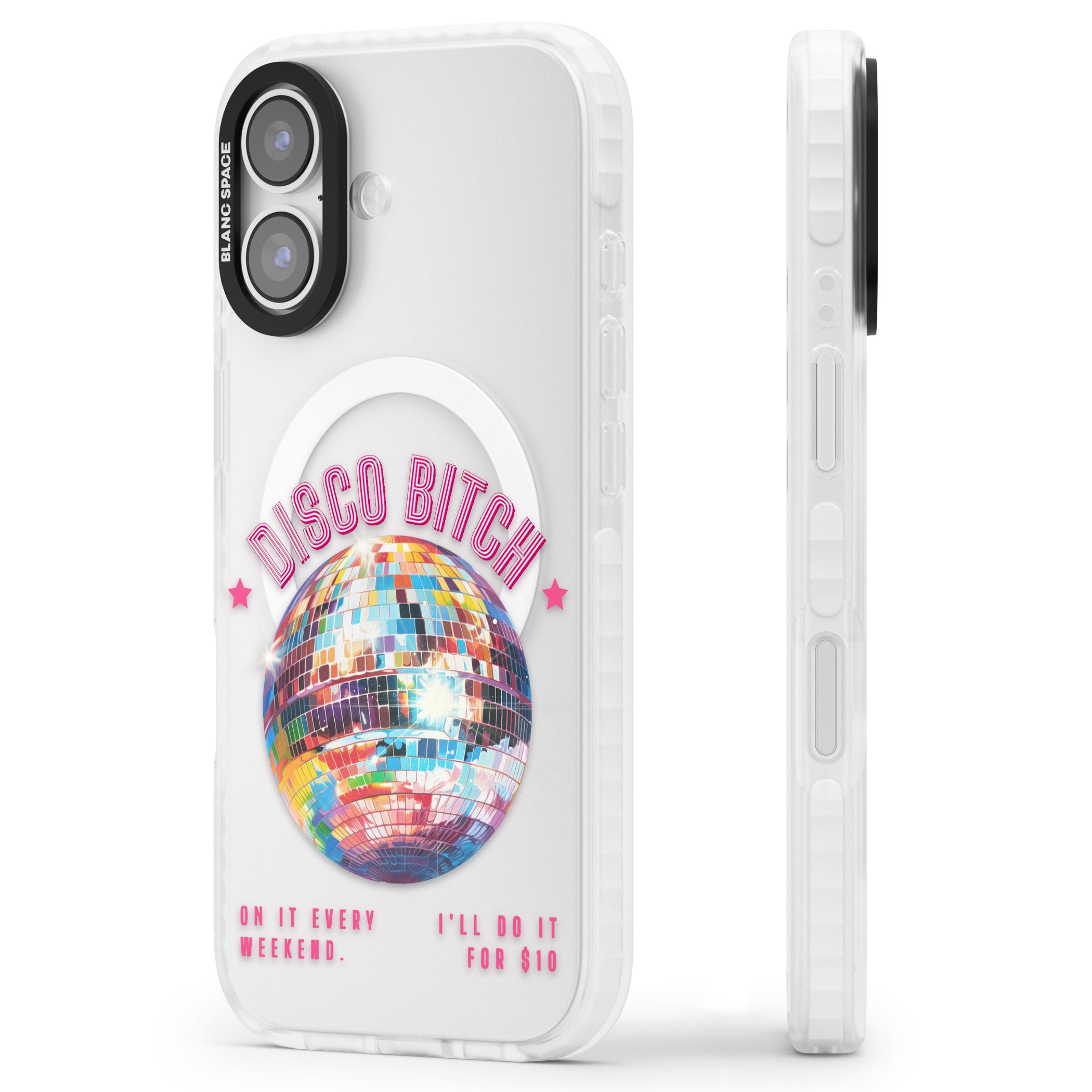 Disco B Tch iPhone 17 Impact Pro Clear Phone Case Side Profile