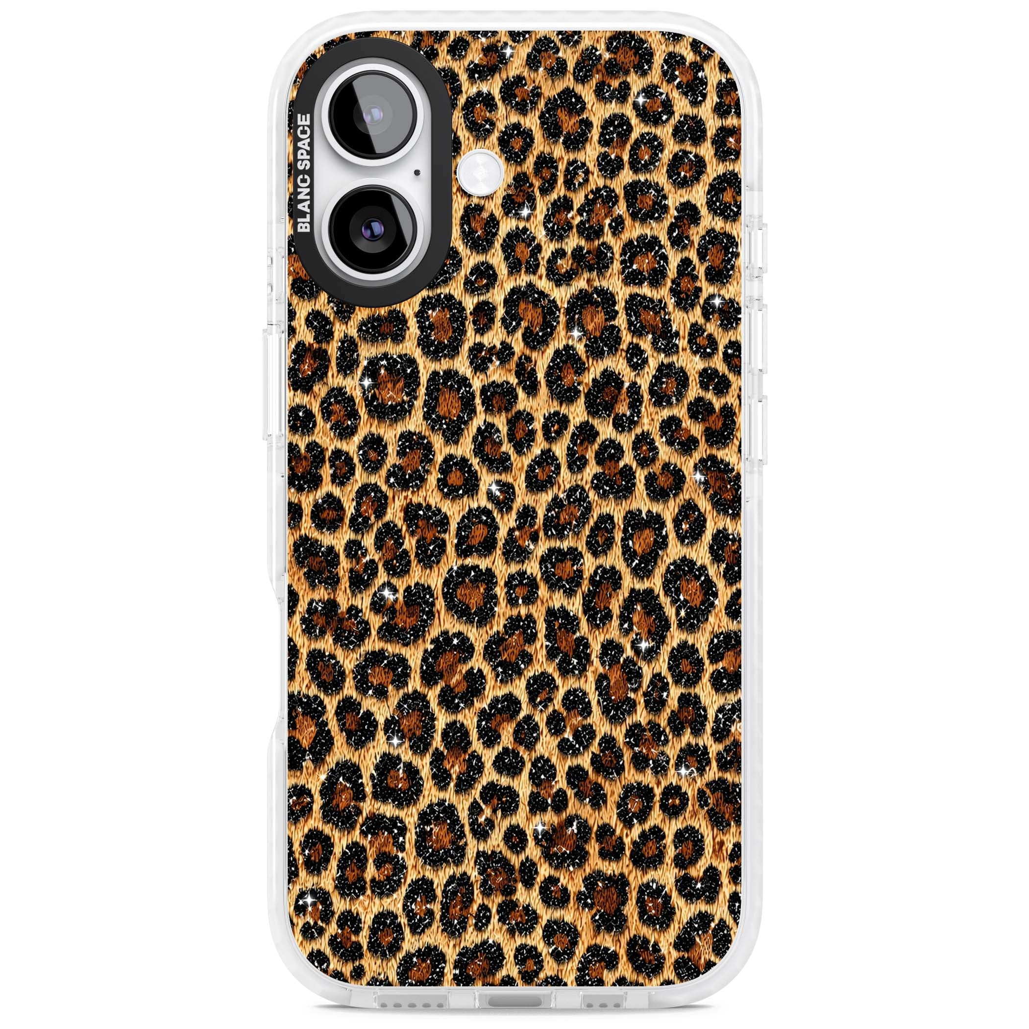 Diamond Leopard leopard print iPhone case featuring golden tan fur, black rosette spots and subtle glitter sparkle | Impact Magsafe case for iPhone 17