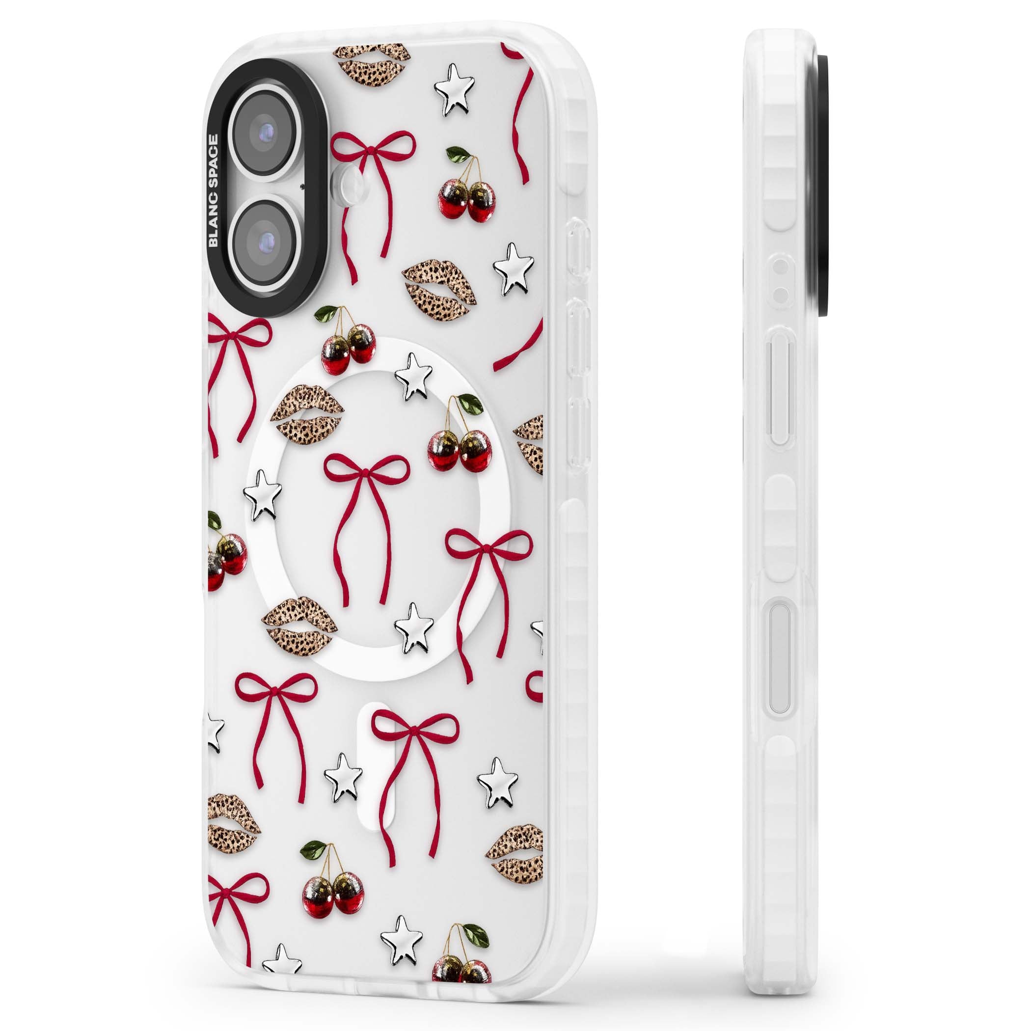 Starlet coquette iPhone case featuring red ribbon bows, disco cherries and leopard-print lips | Impact Magsafe case for iPhone 17