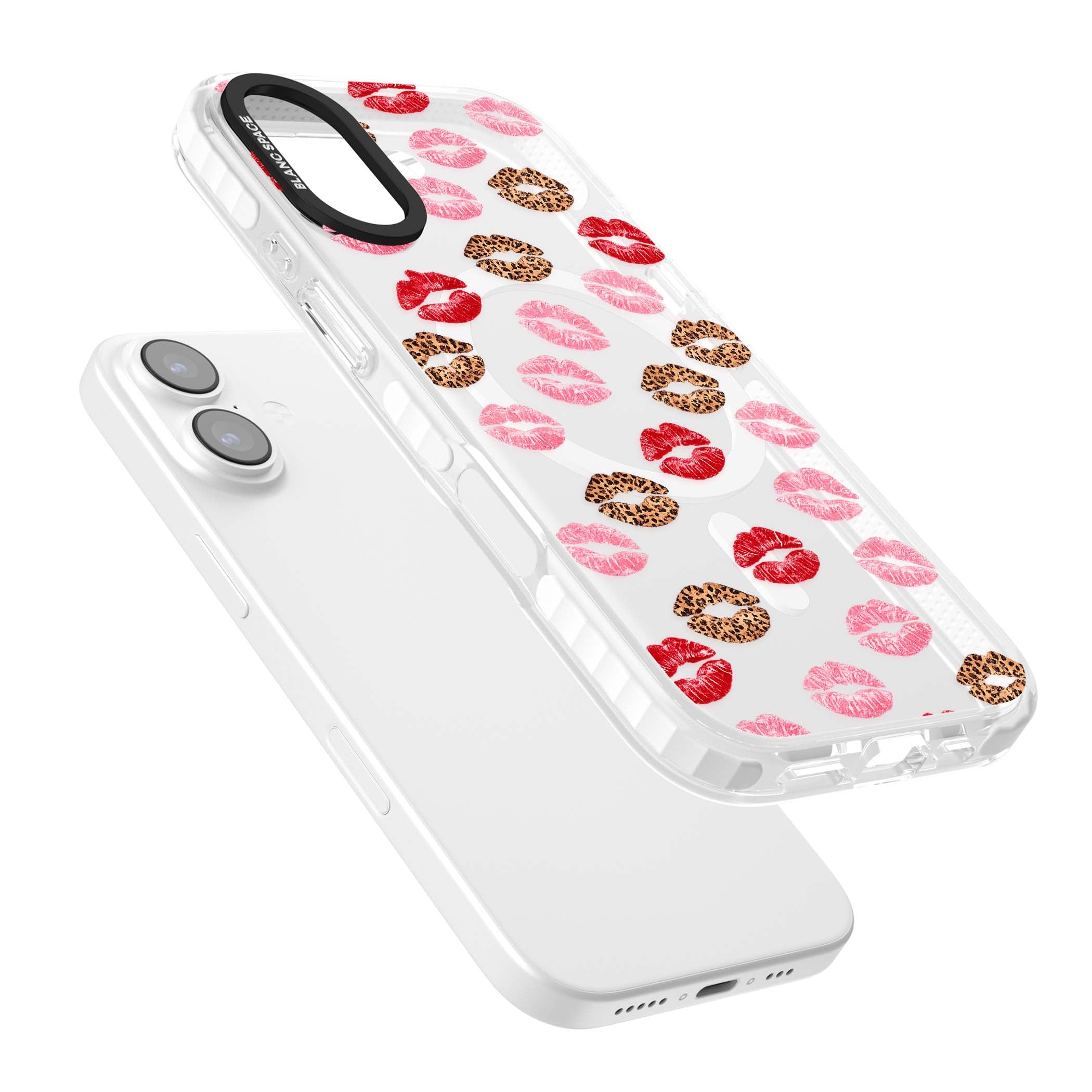 Wild Kisses coquette iPhone case featuring red, pink and leopard print lipstick kiss marks on a clear background | Impact Magsafe case for iPhone 17