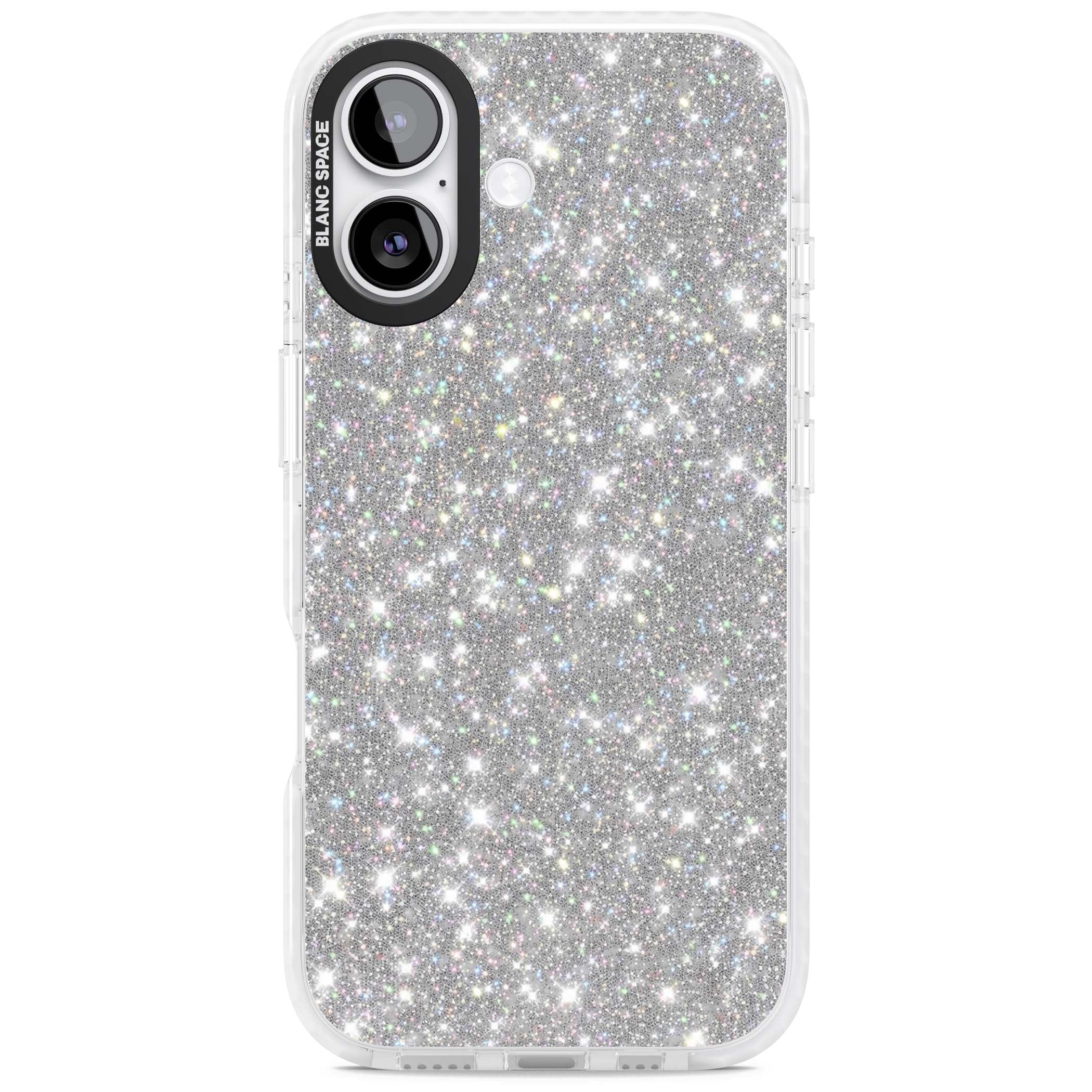 Diamond glam iPhone case featuring silver glitter sparkle and shimmering diamond dust effect | Impact Magsafe case for iPhone 17