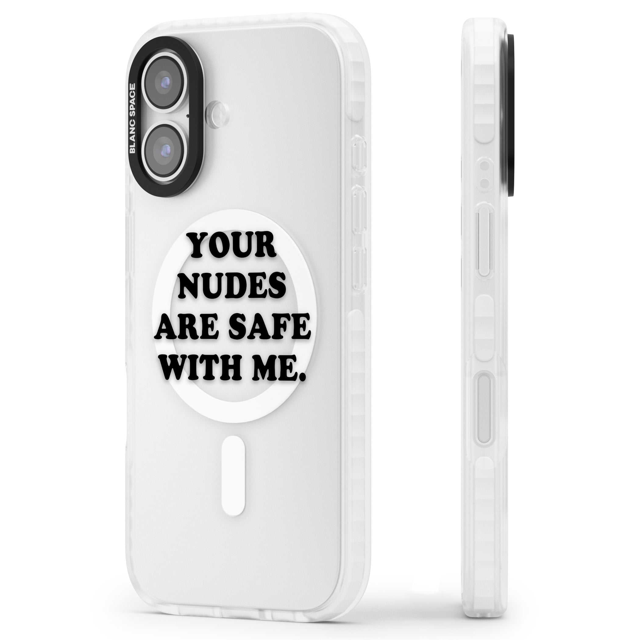 Your Nudes Are Safe Black iPhone 17 Impact Pro Clear Phone Case Side Profile