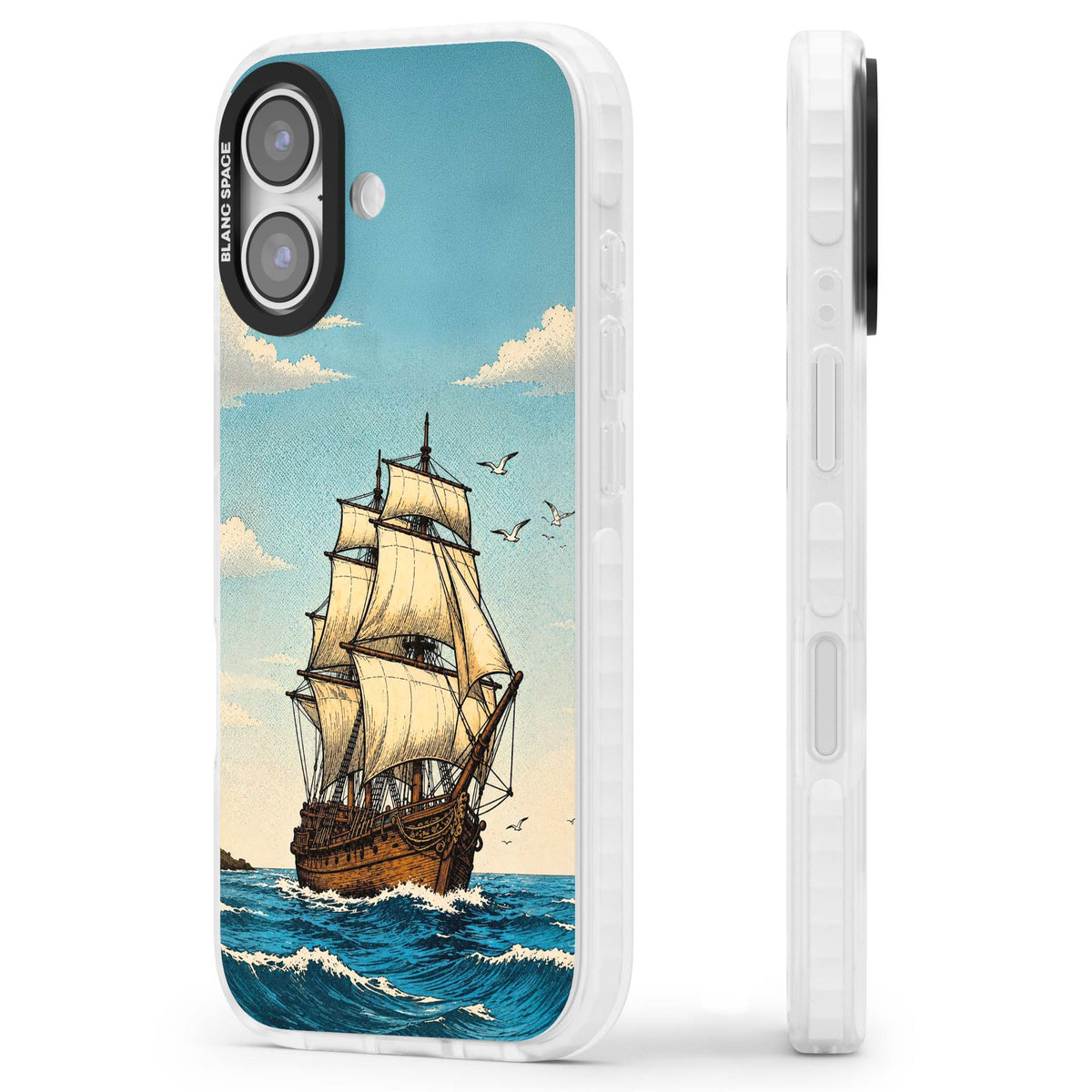 Ship at Sea nautical iPhone case featuring a vintage tall ship, ocean waves and seagulls | Impact Magsafe case for iPhone 17