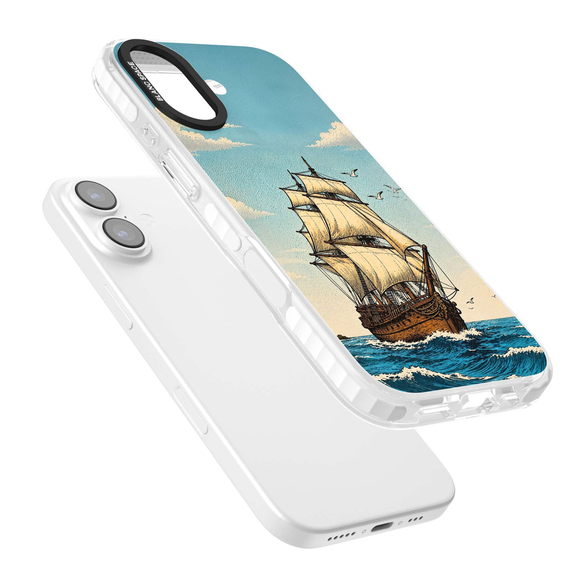 Ship at Sea nautical iPhone case featuring a vintage tall ship, ocean waves and seagulls | Impact Magsafe case for iPhone 17
