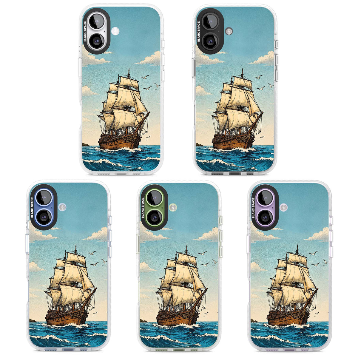 Ship at Sea nautical iPhone case featuring a vintage tall ship, ocean waves and seagulls | Impact Magsafe case for iPhone 17