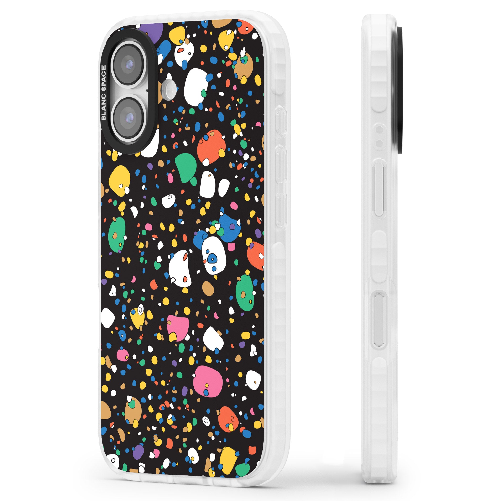 Colourful Confetti Pebbles (Black) iPhone 17 Impact Pro Clear Phone Case Side Profile