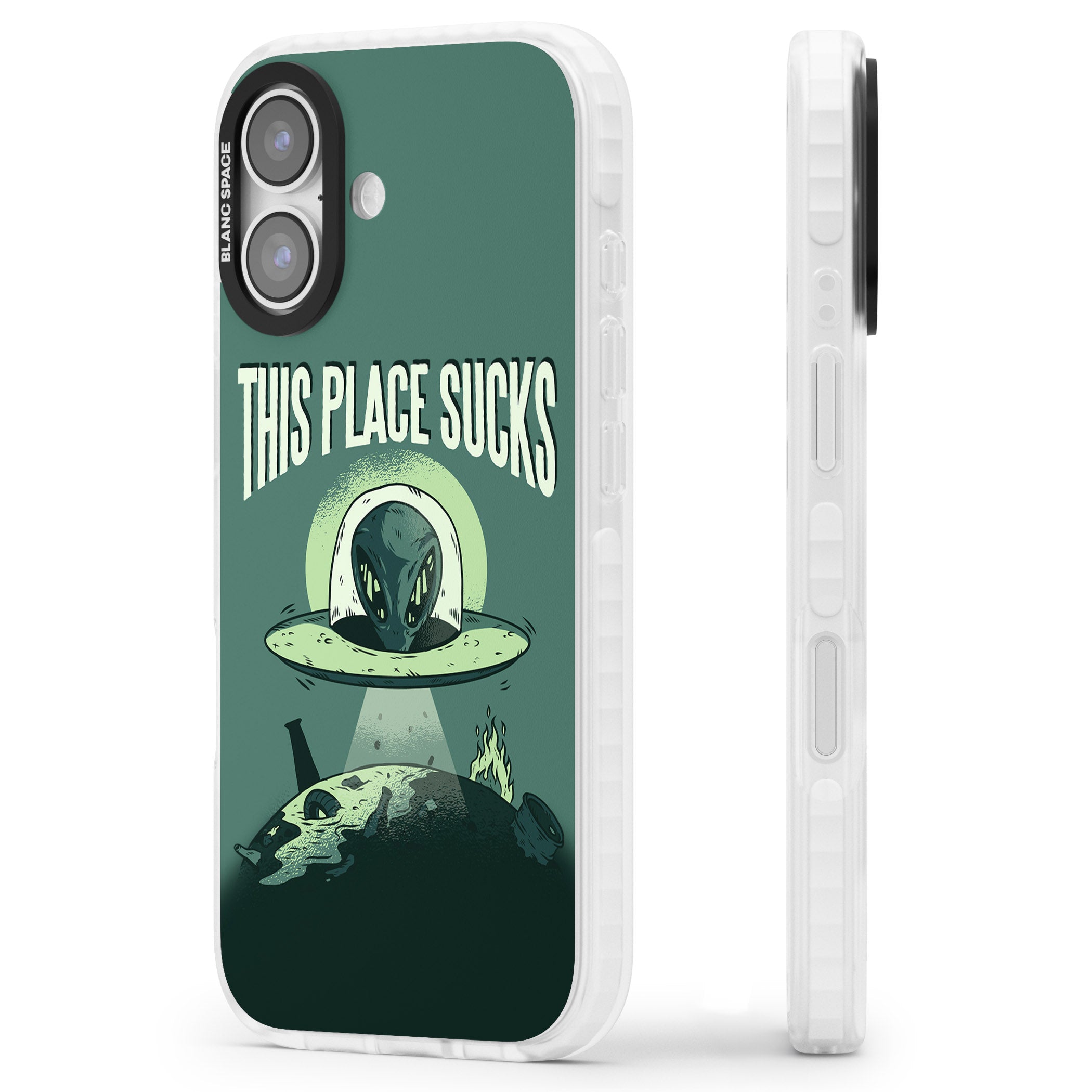 Earth Sucks iPhone 17 Impact Pro Clear Phone Case Side Profile