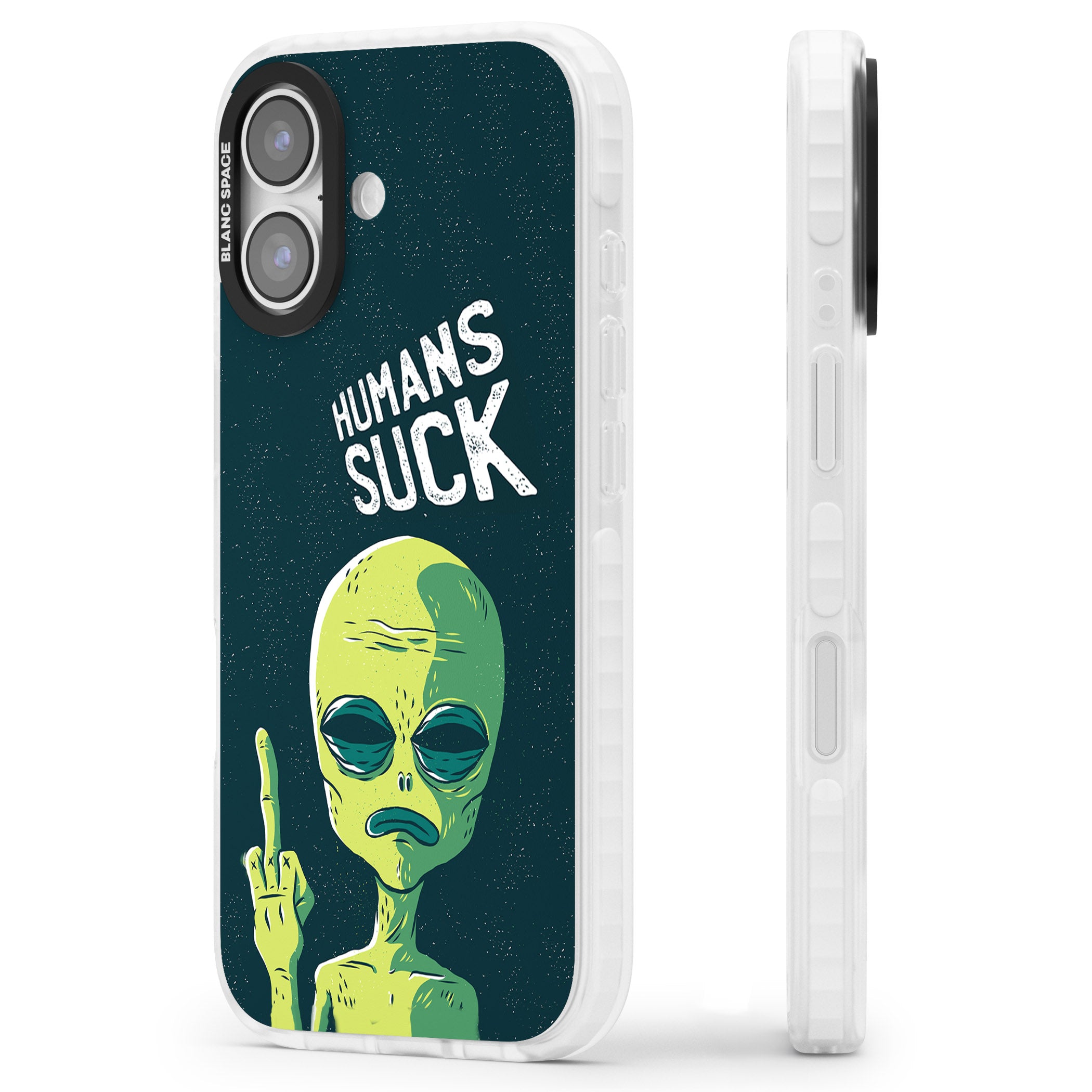 Humans Suck Alien iPhone 17 Impact Pro Clear Phone Case Side Profile