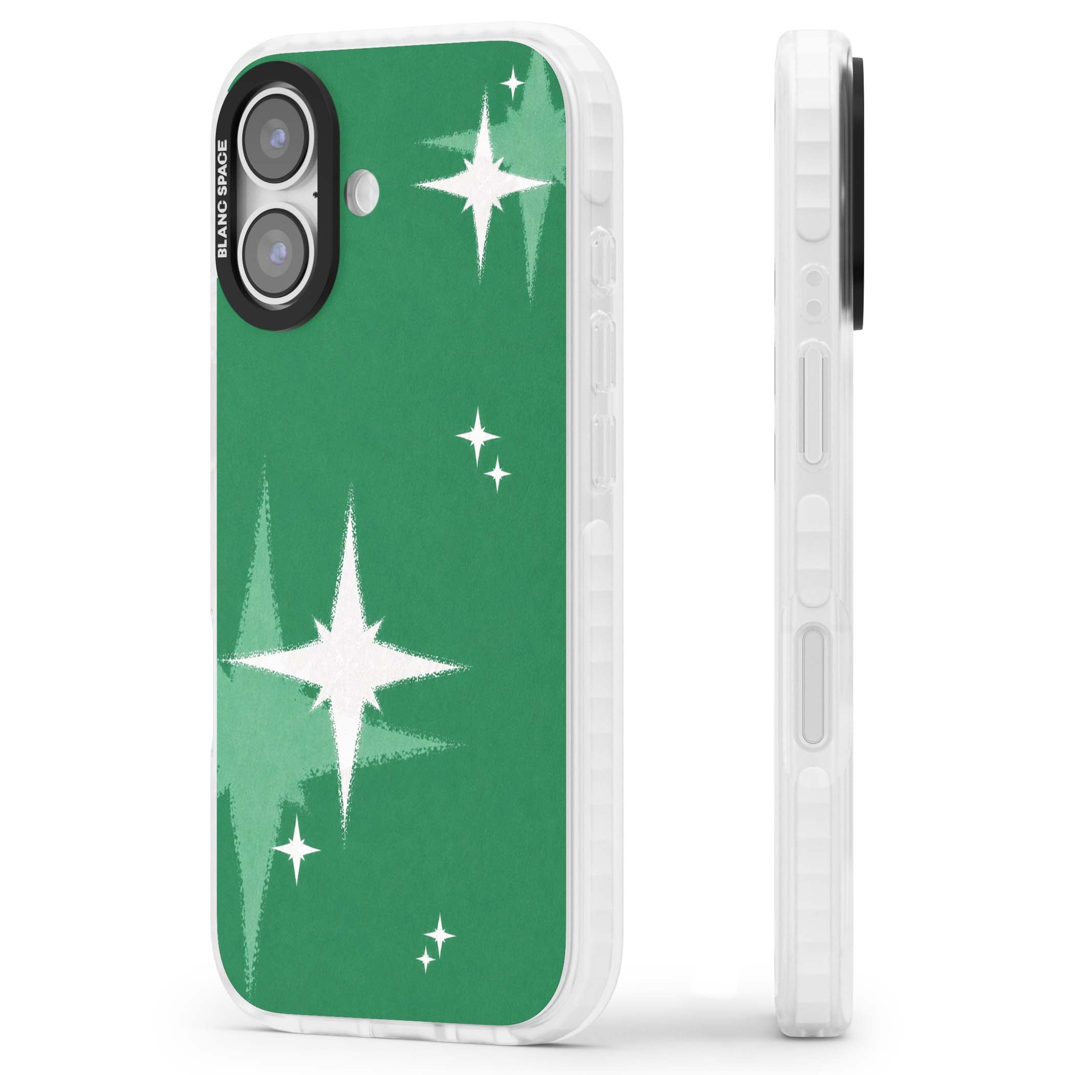 Green Sparkle celestial iPhone case featuring sparkling white four-point stars on a deep green background | Impact Magsafe case for iPhone 17