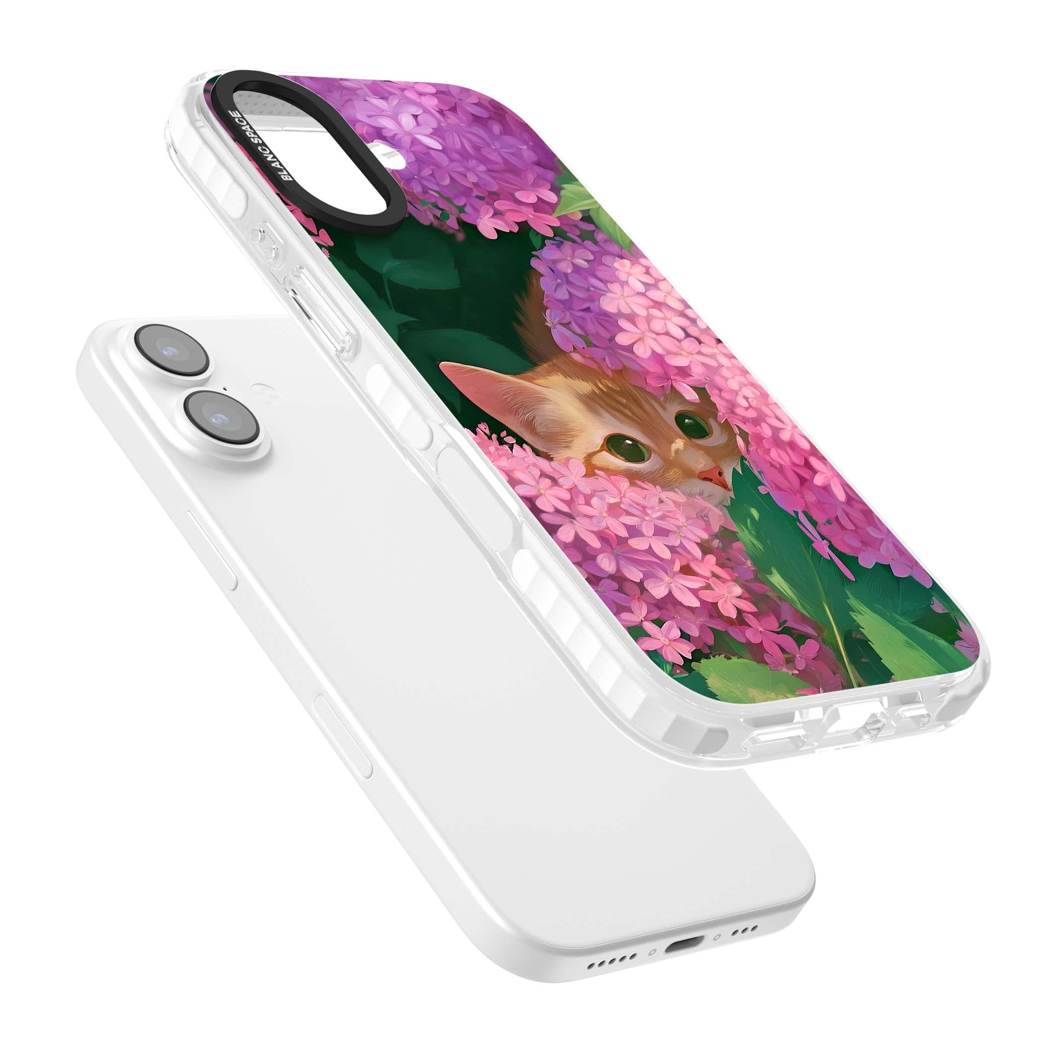 Cat In Pink Flowers cottagecore iPhone case featuring a ginger kitten peeking through lilac and pink hydrangea flo | Impact Magsafe case for iPhone 17