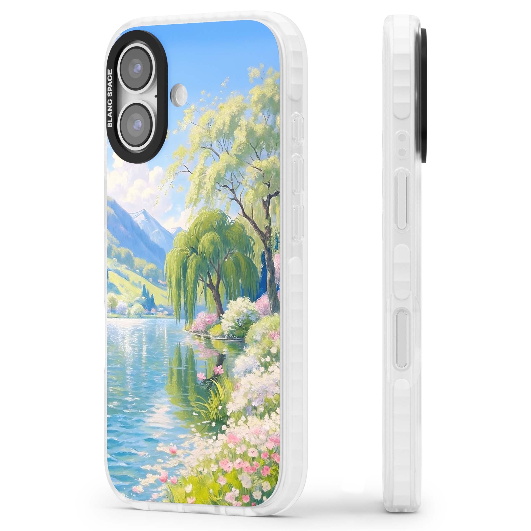 Willow Lake cottagecore iPhone case featuring a painted lakeside with weeping willow, blossoms and distant mountains | Impact Magsafe case for iPhone 17
