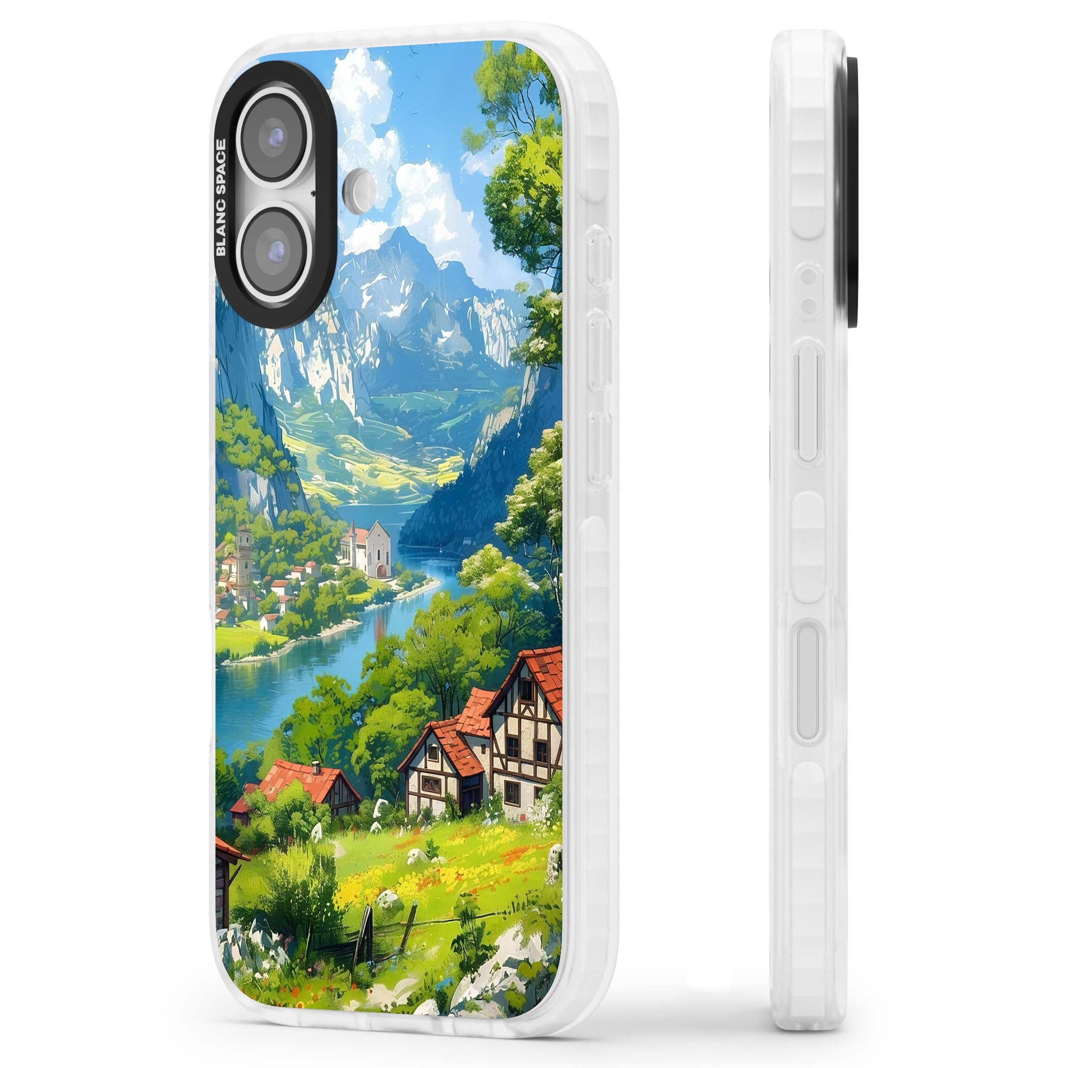 Village In The Valley anime iPhone case featuring a painted mountain village, river valley and half-timbered cottages. | Impact Magsafe case for iPhone 17