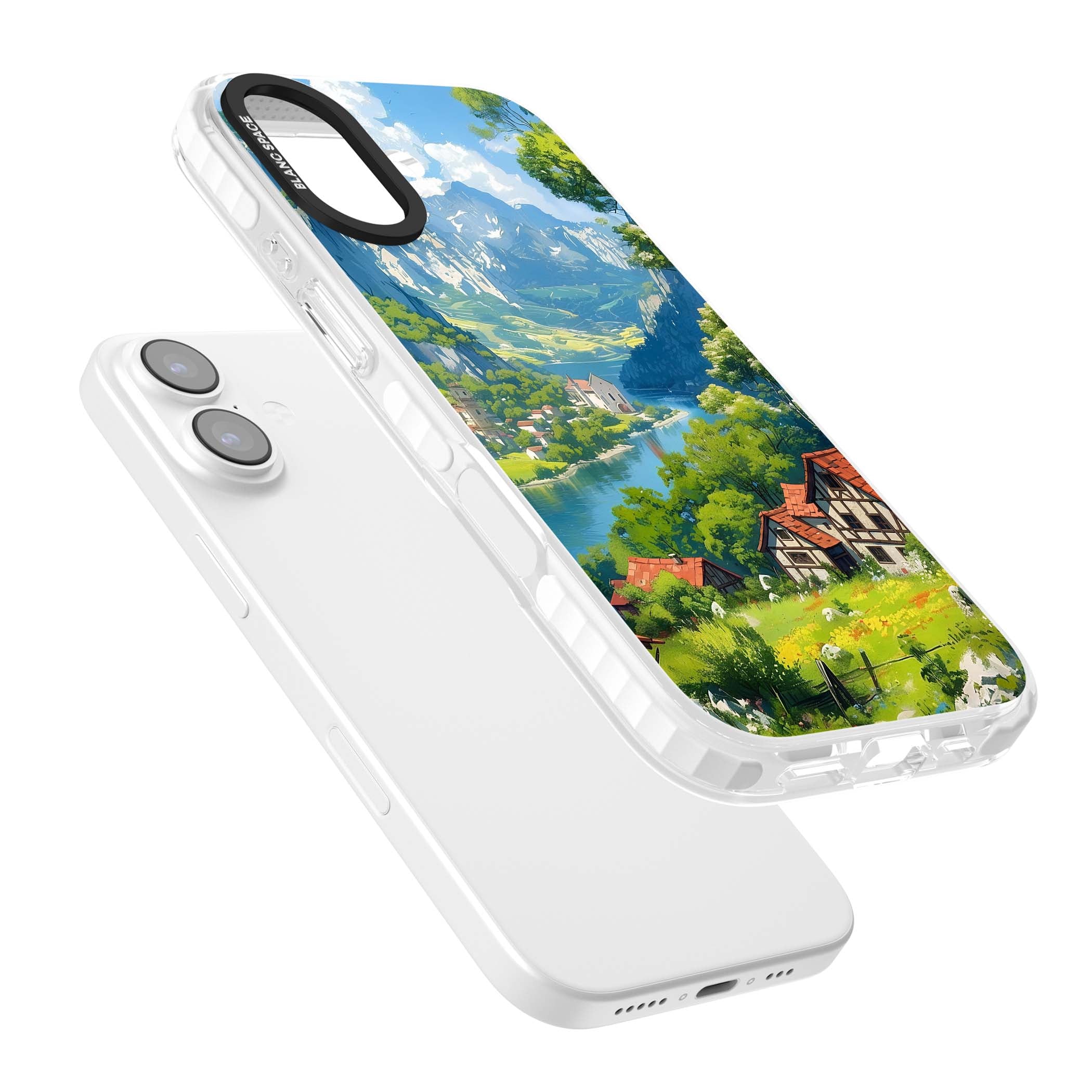 Village In The Valley anime iPhone case featuring a painted mountain village, river valley and half-timbered cottages. | Impact Magsafe case for iPhone 17