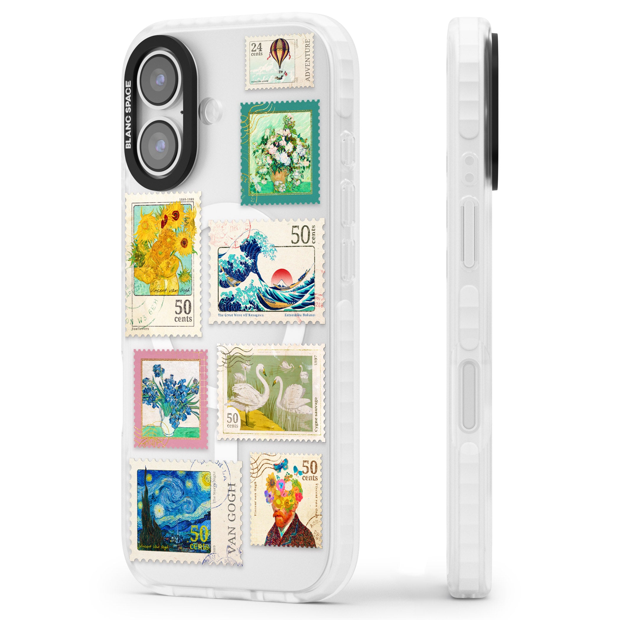 Vintage Art Stamps iPhone 17 Impact Pro Clear Phone Case Side Profile