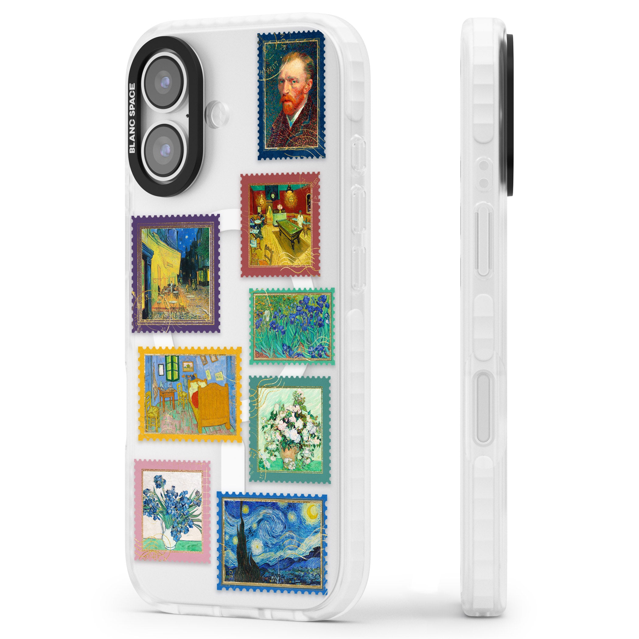 Colourful Vintage Art Stamps iPhone 17 Impact Pro Clear Phone Case Side Profile