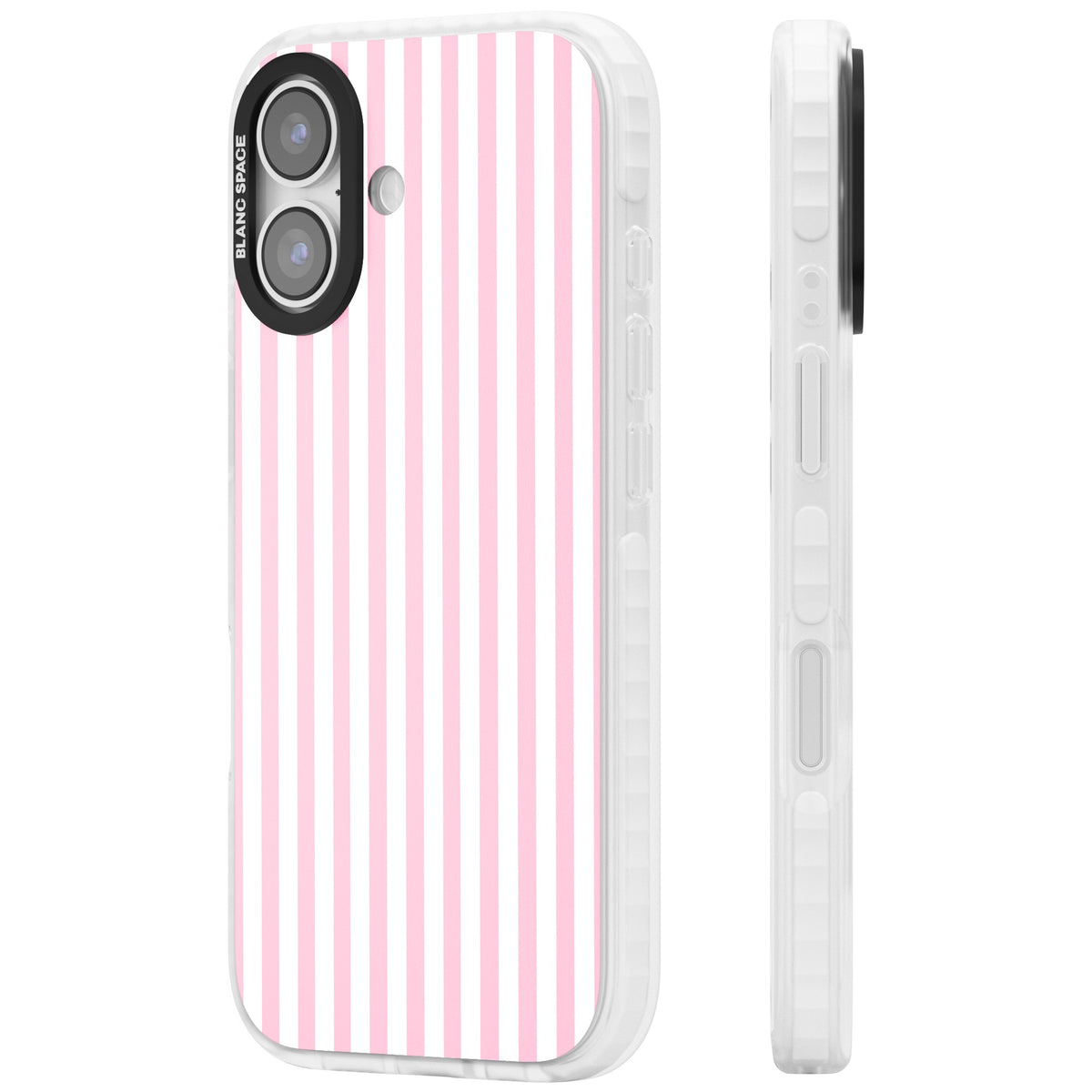 Pink Stripe preppy iPhone case featuring soft pastel pink and white vertical candy stripes iPhone 16 / iPhone 16 Plus / iPhone 17 Impact Pro Clear Phone Case side