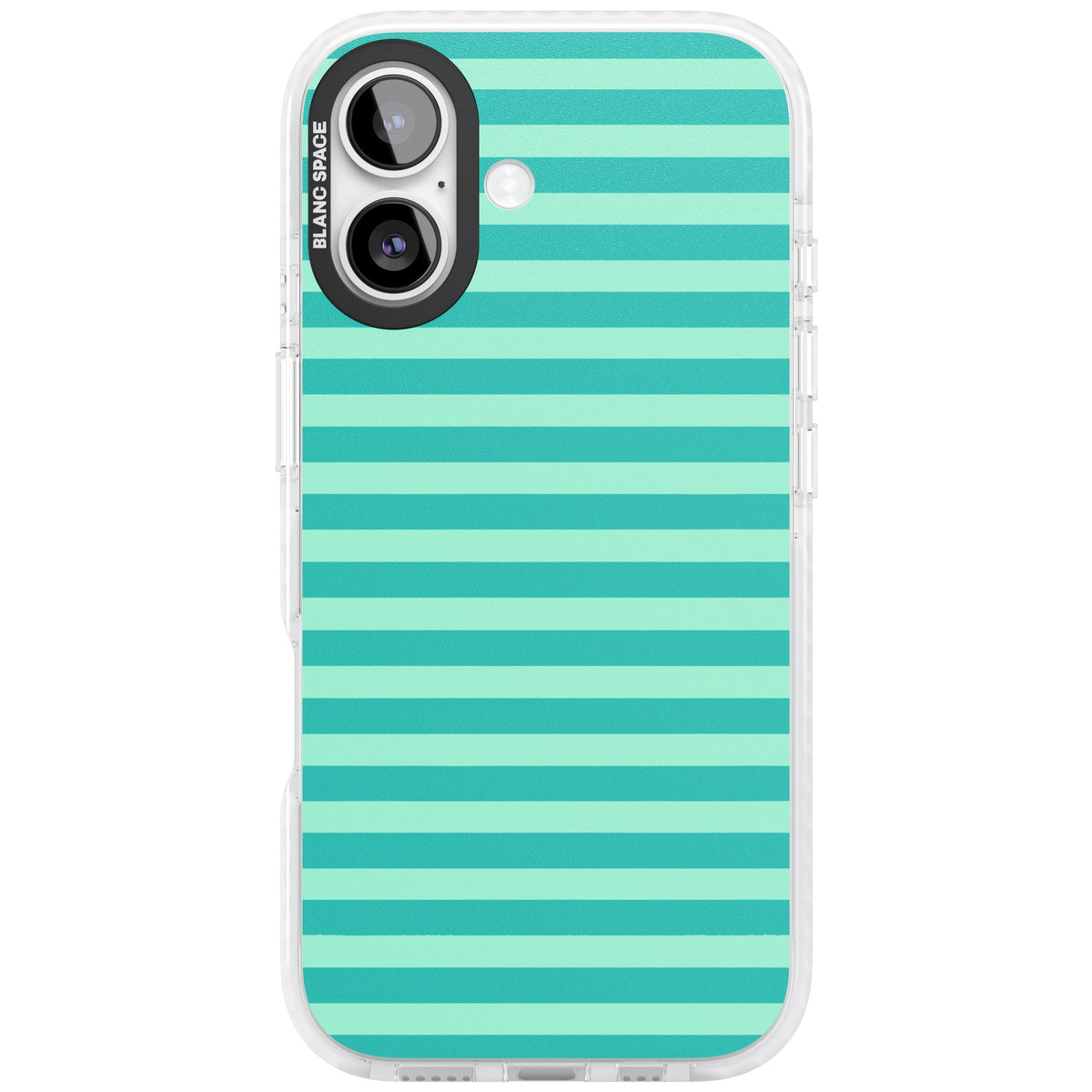 Turquoise Stripe preppy iPhone case featuring horizontal teal and mint green stripes on a black protective frame iPhone 16 / iPhone 16 Plus / iPhone 17 Impact Pro Clear Phone Case front