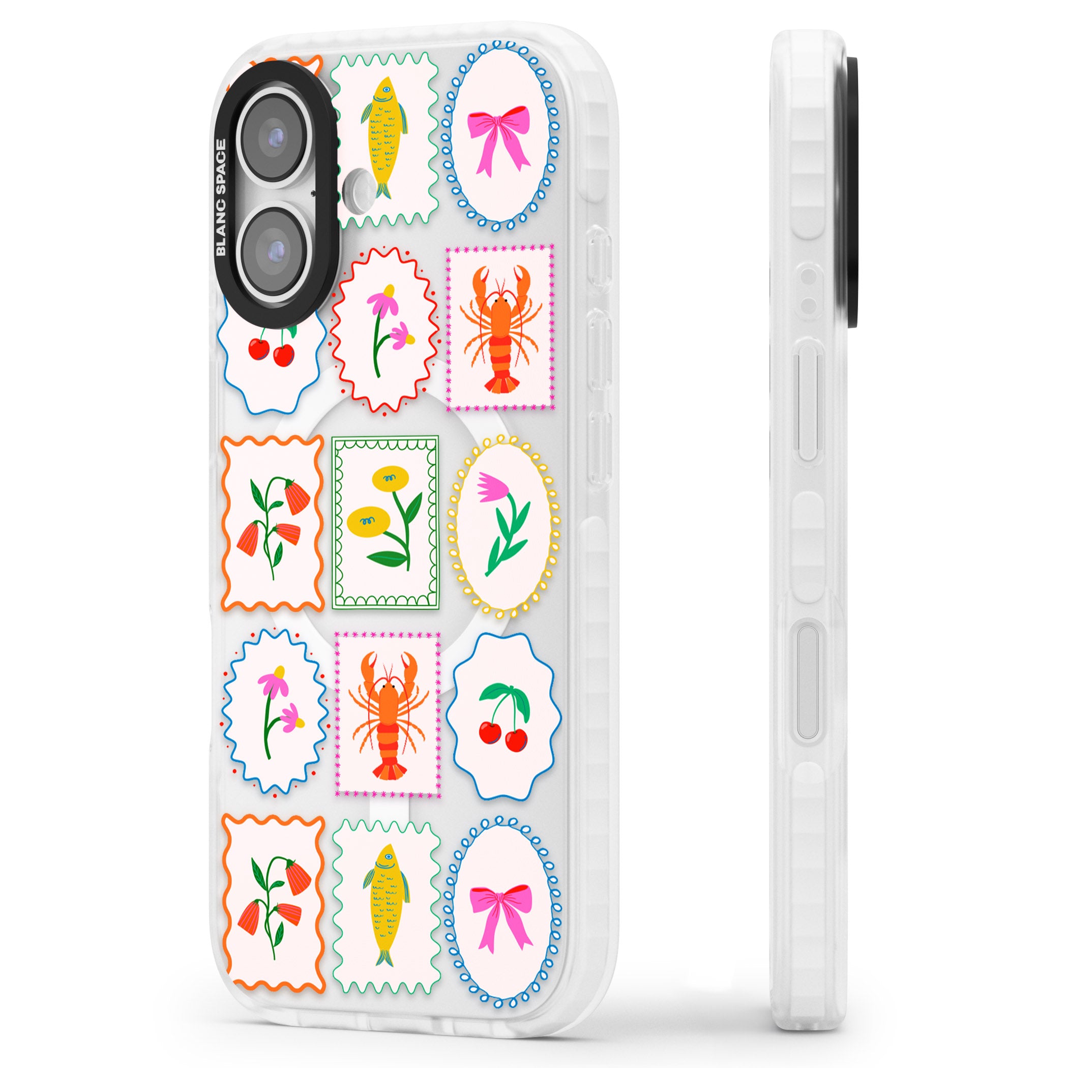 Floral Seafood Stamps iPhone 17 Impact Pro Clear Phone Case Side Profile