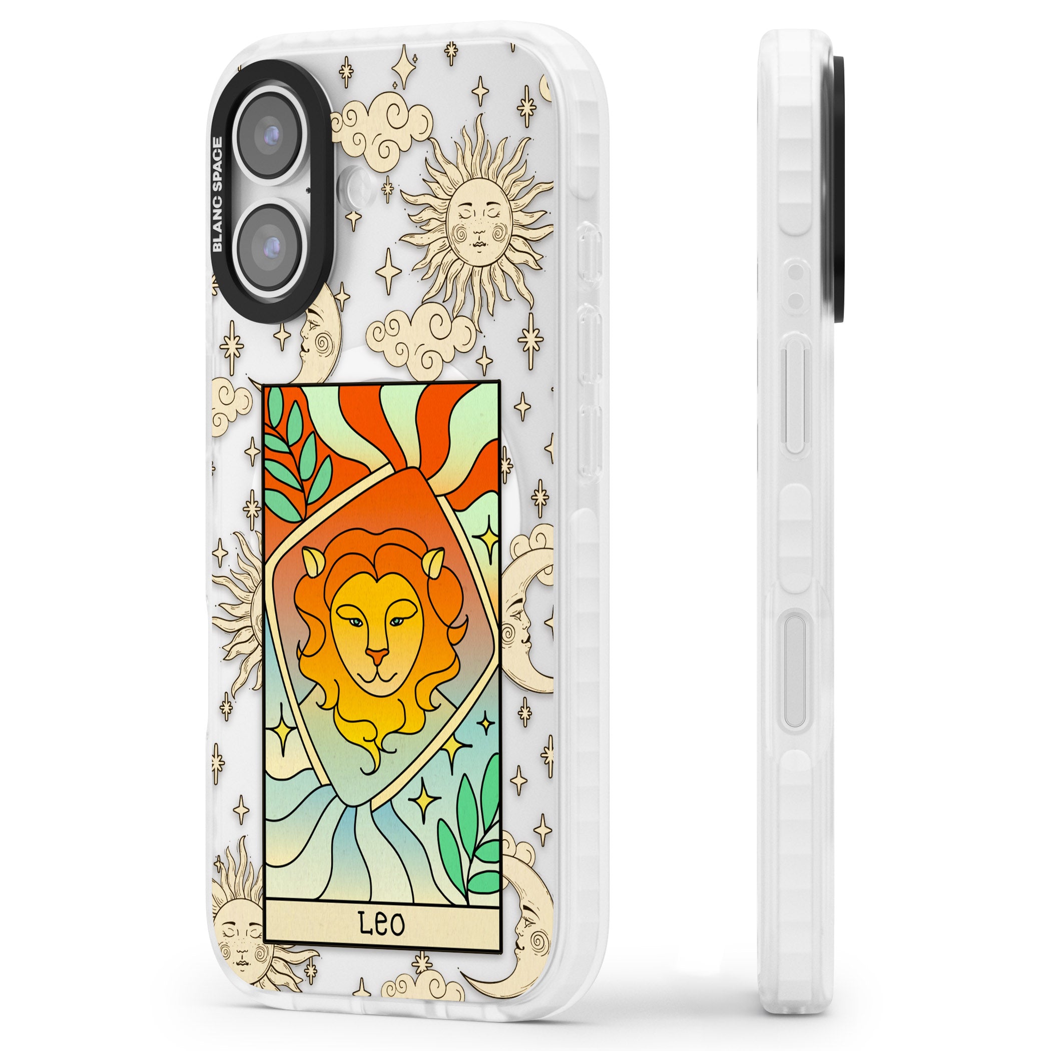 Celestial Zodiac Leo iPhone 17 Impact Pro Clear Phone Case Side Profile
