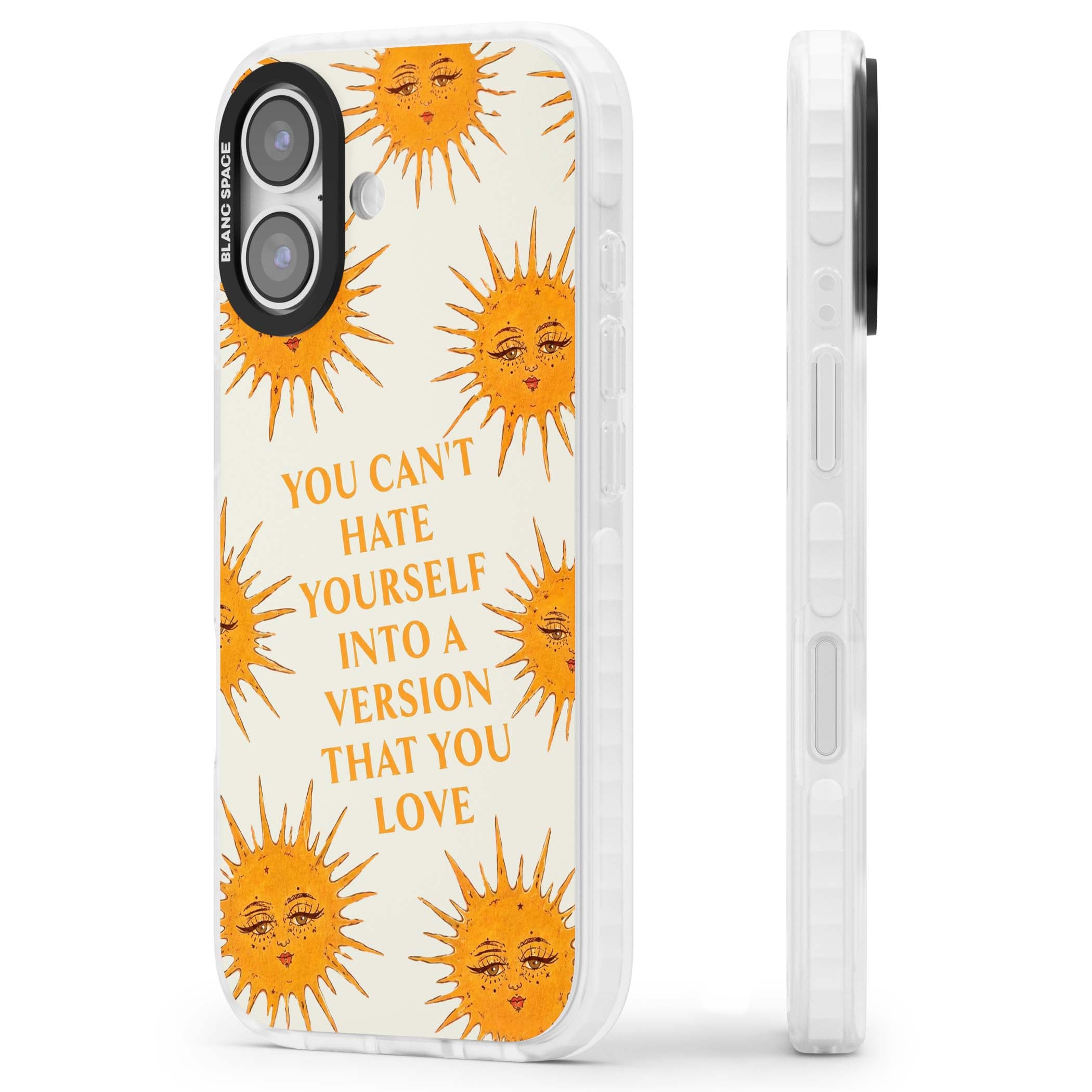 Don't Hate Yourself celestial iPhone case featuring vintage sun faces, ochre rays and a self-love quote | Impact Magsafe case for iPhone 17