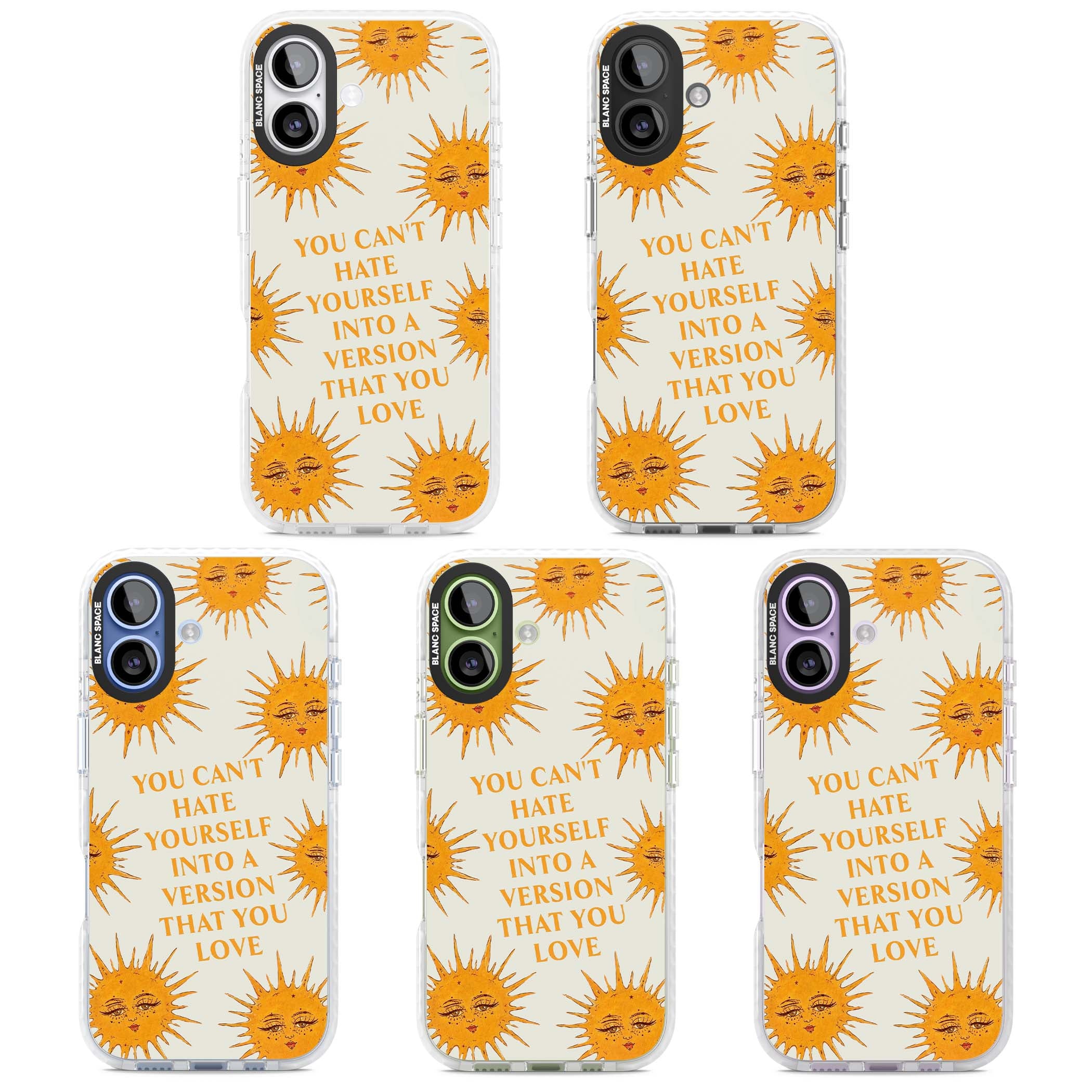 Don't Hate Yourself celestial iPhone case featuring vintage sun faces, ochre rays and a self-love quote | Impact Magsafe case for iPhone 17