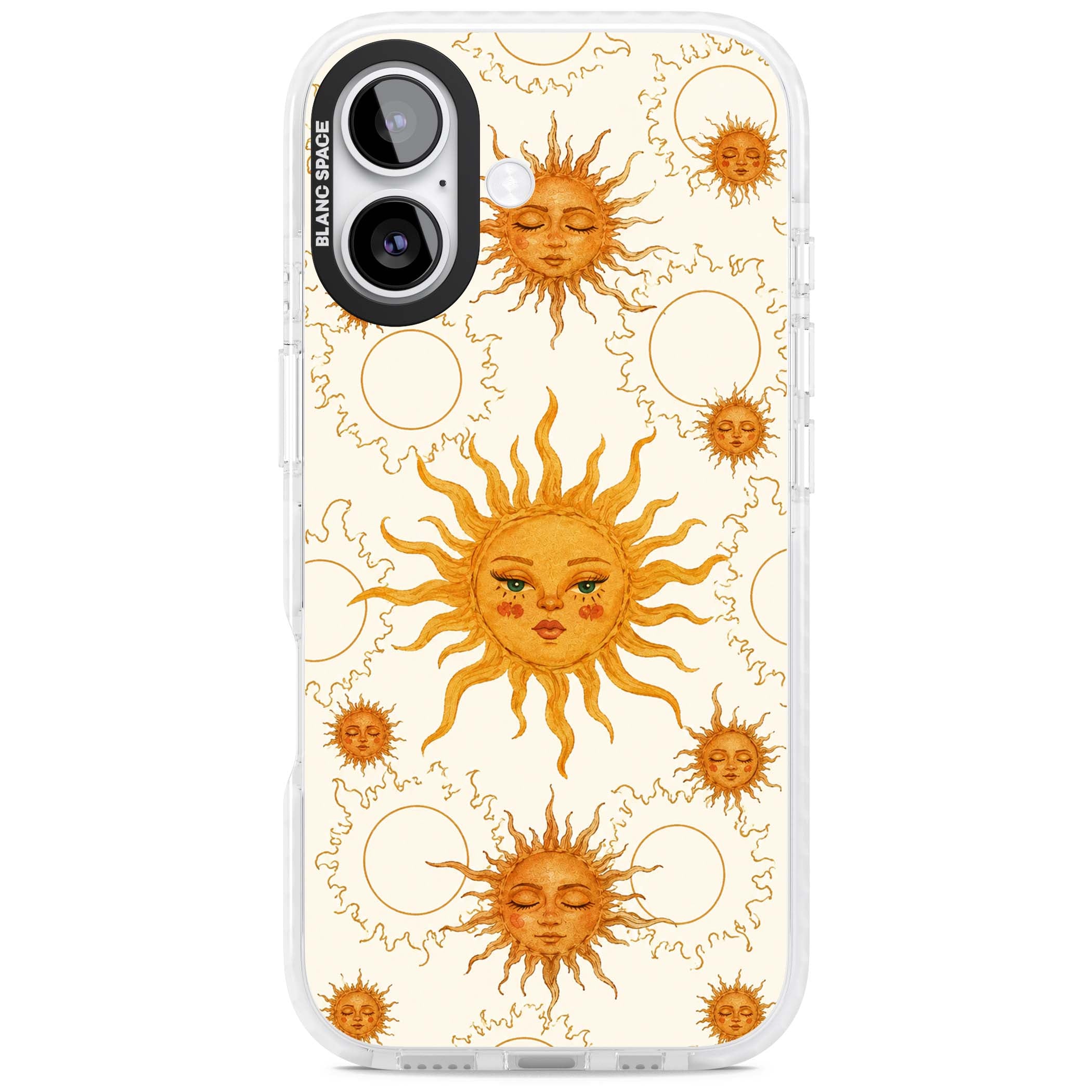 Solstice Muse celestial iPhone case featuring hand-painted golden sun faces, closed-eye sun goddesses and outlined moons... | Impact Magsafe case for iPhone 17