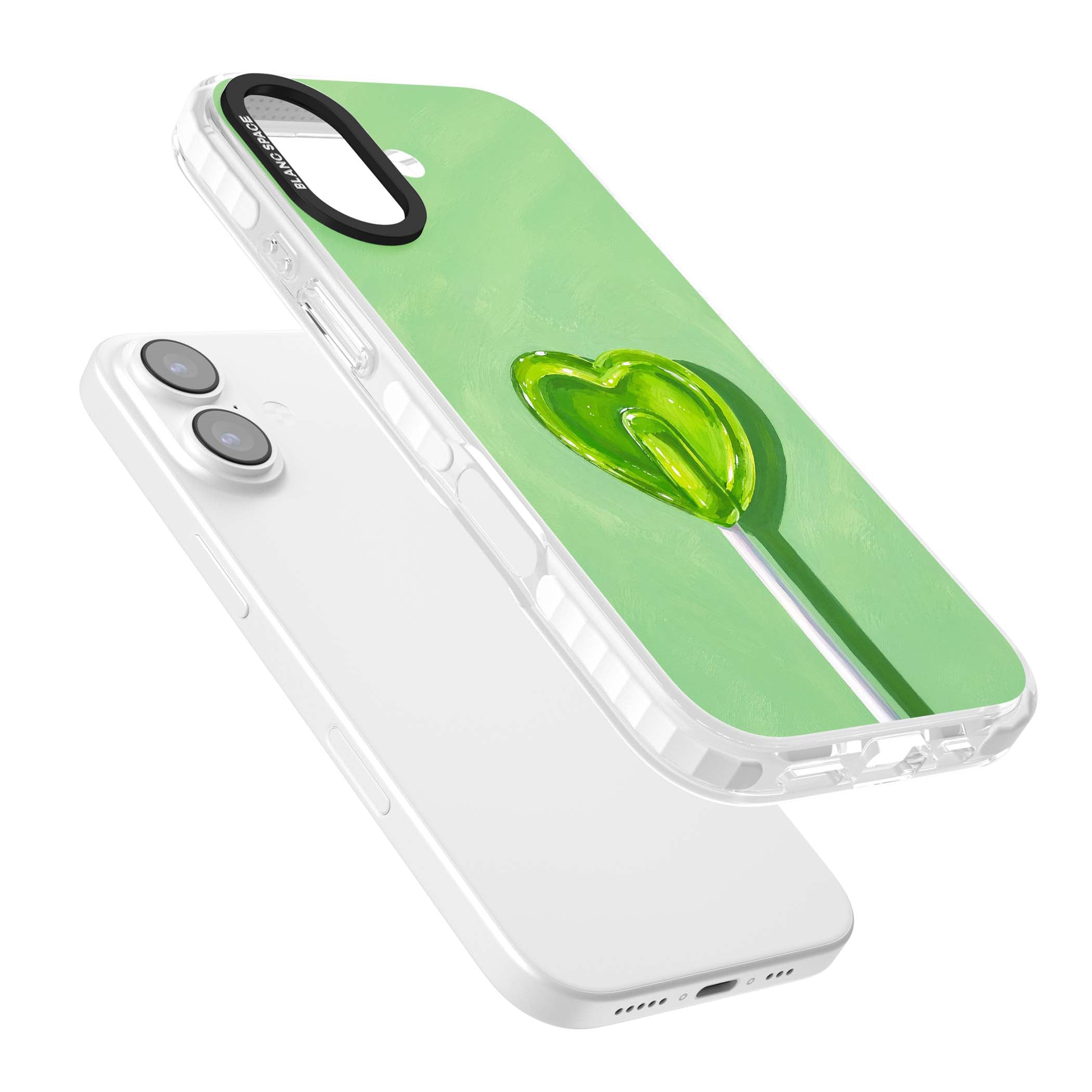Green Lollipop candy art iPhone case featuring a glossy green heart-shaped lollipop on a painted pastel green background | Impact Magsafe case for iPhone 17