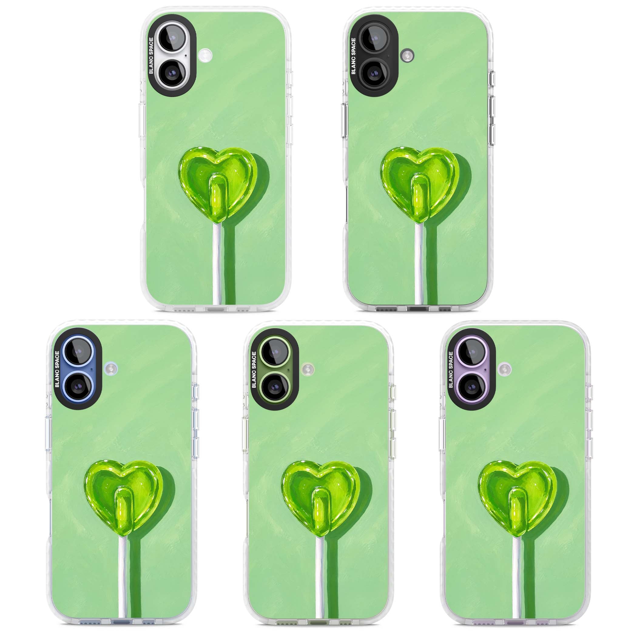 Green Lollipop candy art iPhone case featuring a glossy green heart-shaped lollipop on a painted pastel green background | Impact Magsafe case for iPhone 17