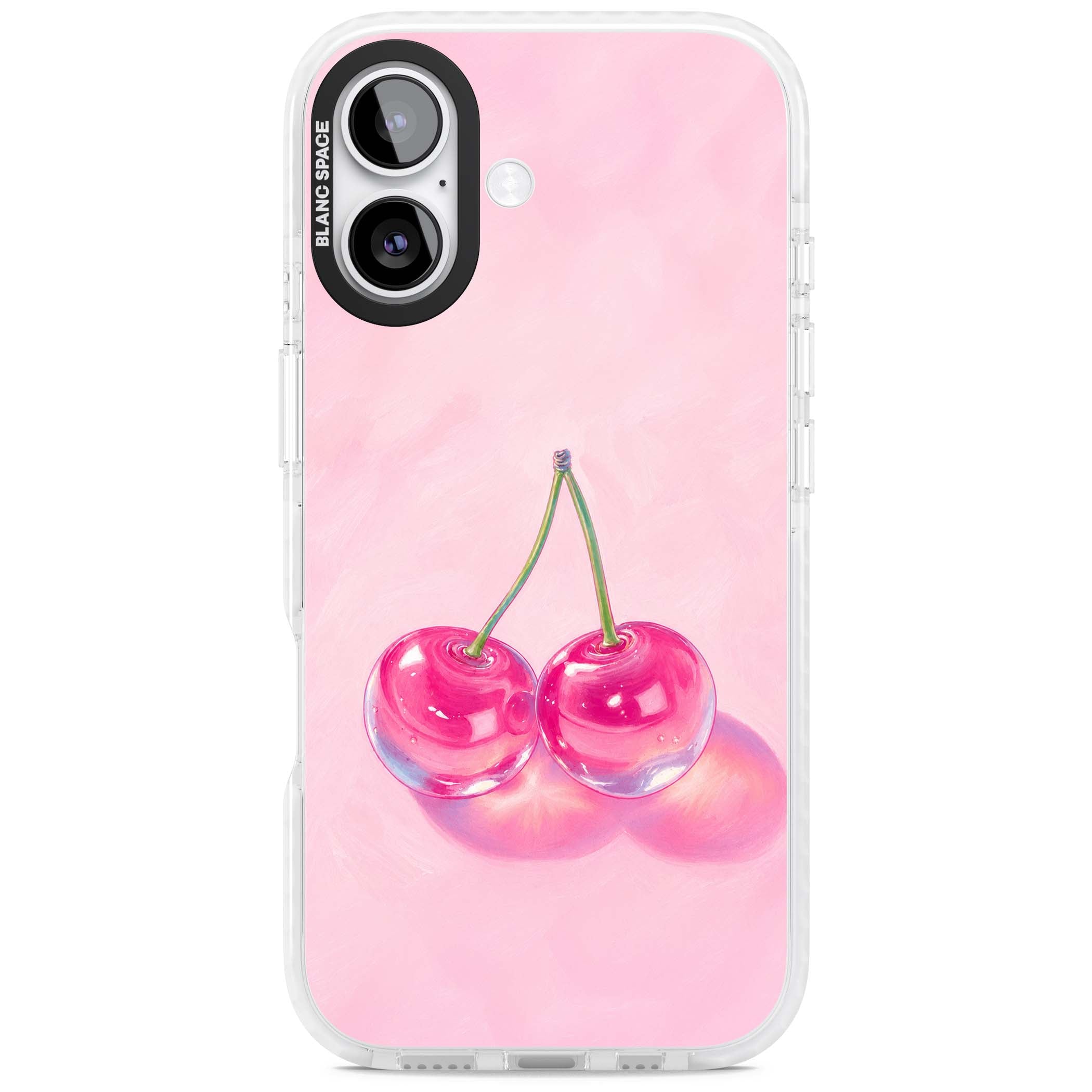 Pink Glass Cherry coquette iPhone case featuring two glossy painted cherries on a soft pink background | Impact Magsafe case for iPhone 17