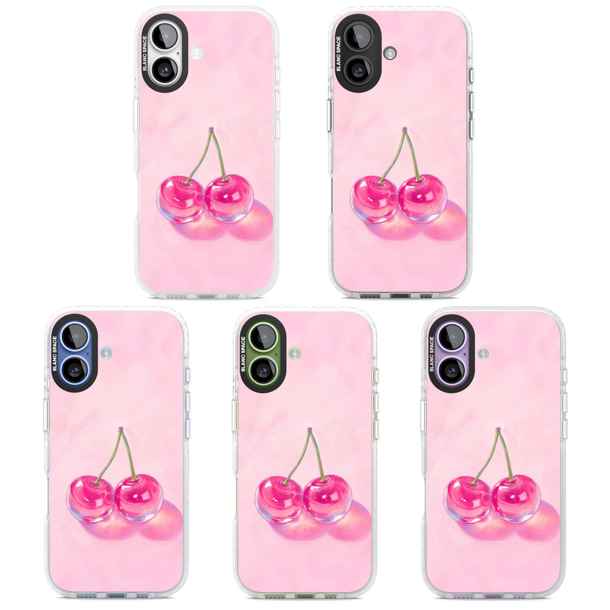 Pink Glass Cherry coquette iPhone case featuring two glossy painted cherries on a soft pink background | Impact Magsafe case for iPhone 17