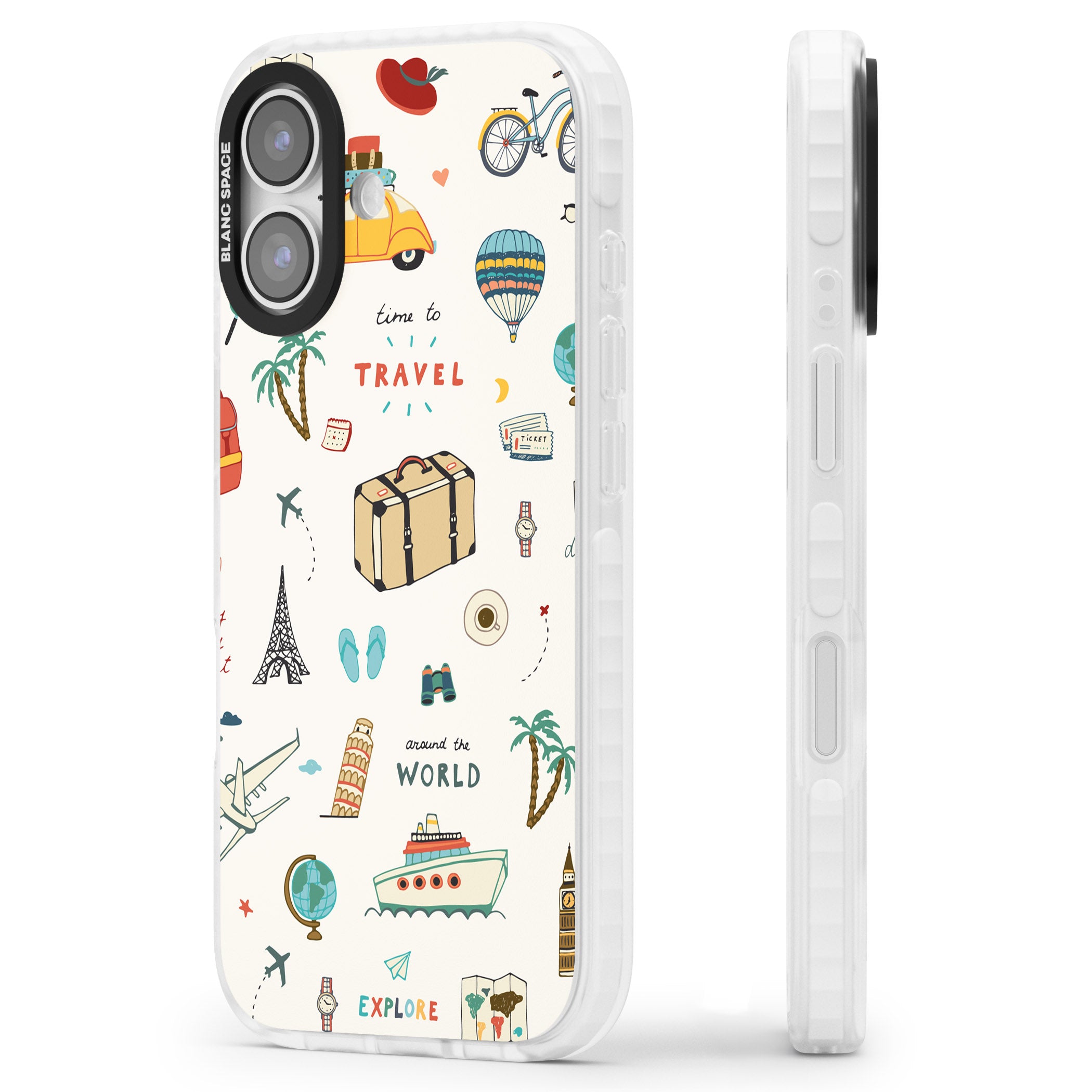 Cute Travel Pattern Cream iPhone 17 Impact Pro Clear Phone Case Side Profile