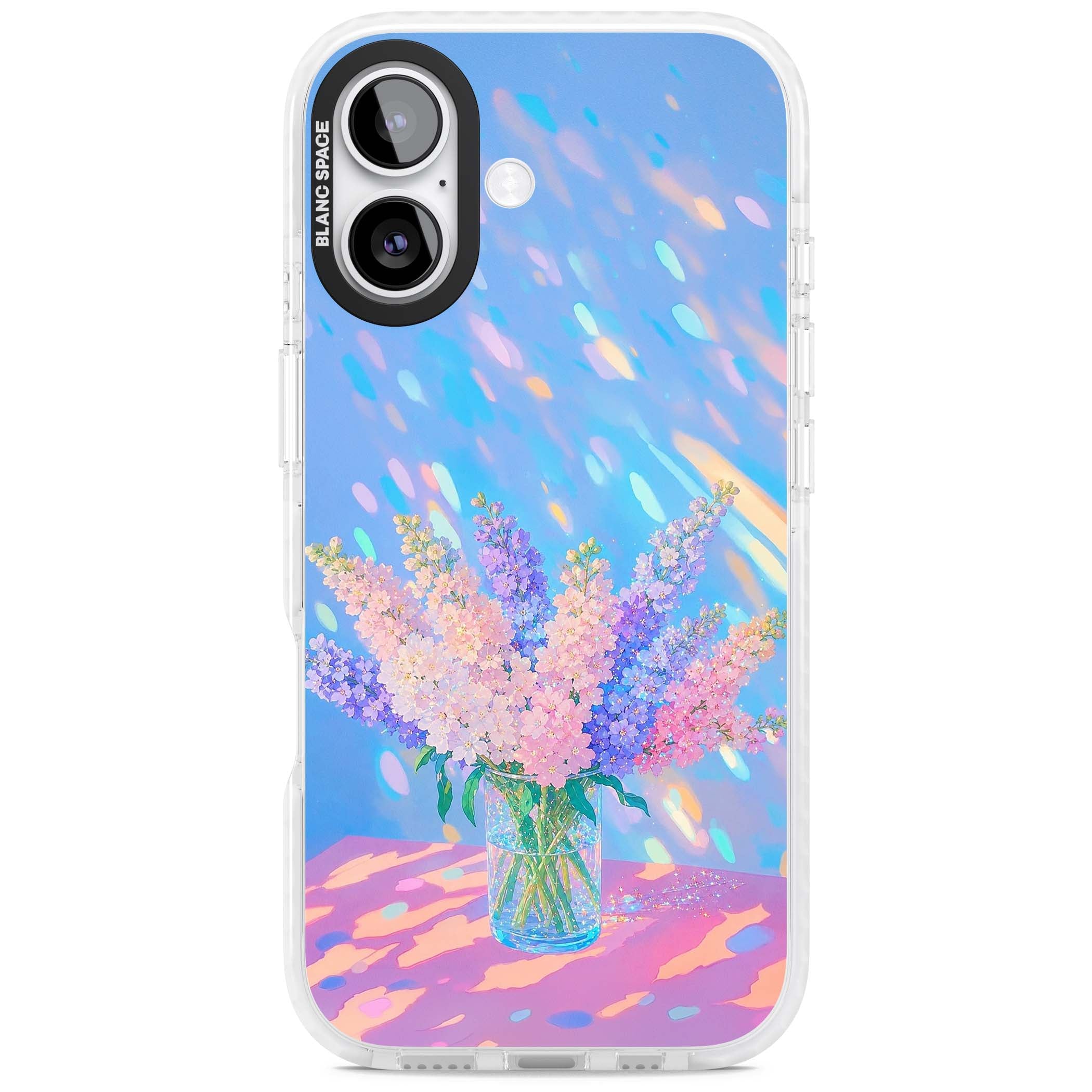 Bubblegum Flowers floral iPhone case featuring pastel lilac and pink bouquet in a glass vase with iridescent light | Impact Magsafe case for iPhone 17