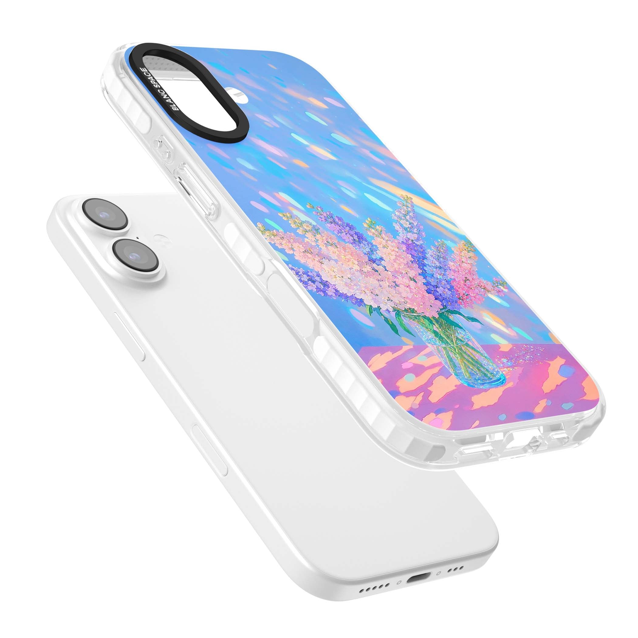 Bubblegum Flowers floral iPhone case featuring pastel lilac and pink bouquet in a glass vase with iridescent light | Impact Magsafe case for iPhone 17